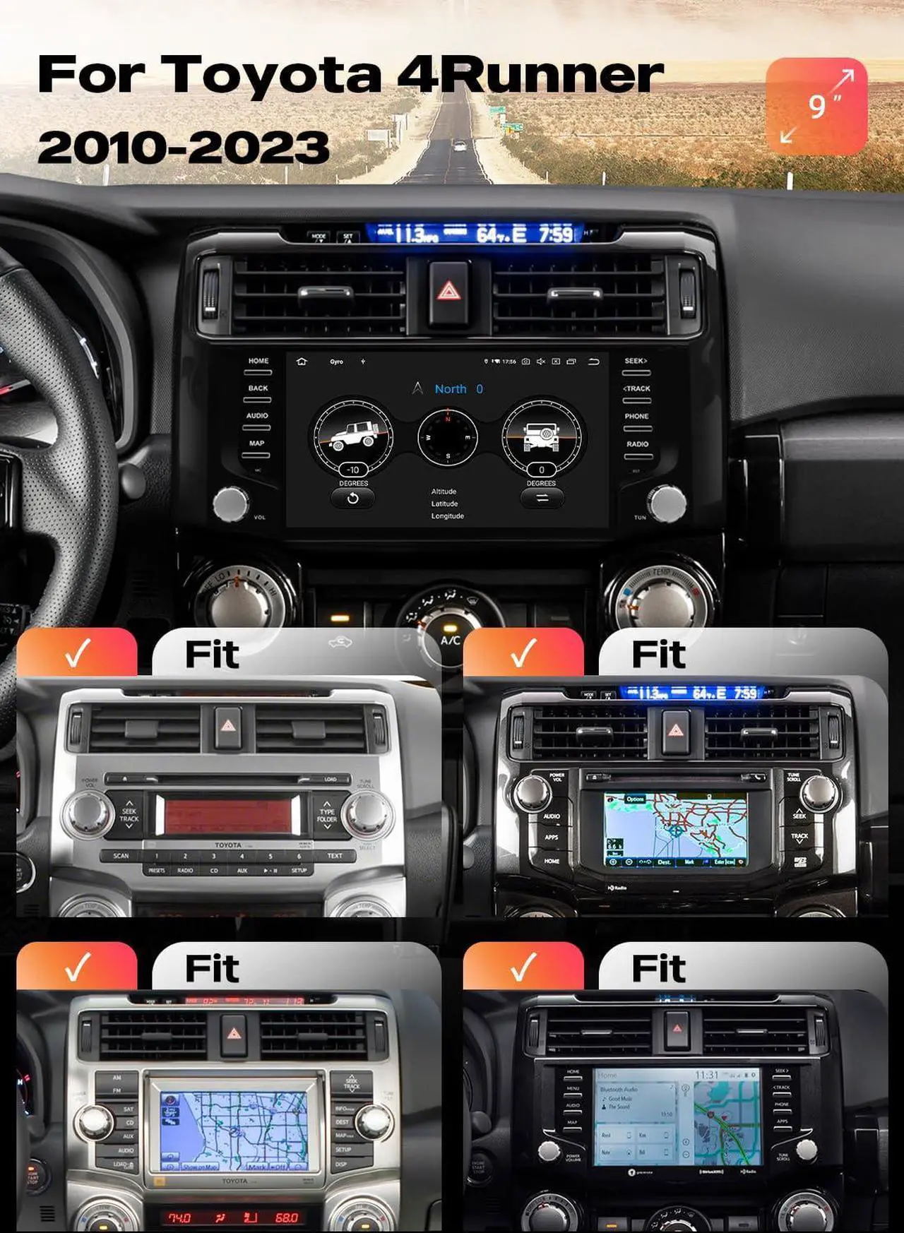 Alt view image 2 of 5 - Dasaita Radio for 2010-2023 Toyota 4Runner Replacement, 9 Inch HD Touchscreen, with Wireless CarPlay & Android Auto, Built-in 4G Cellular, 4GB+64GB, Android 13