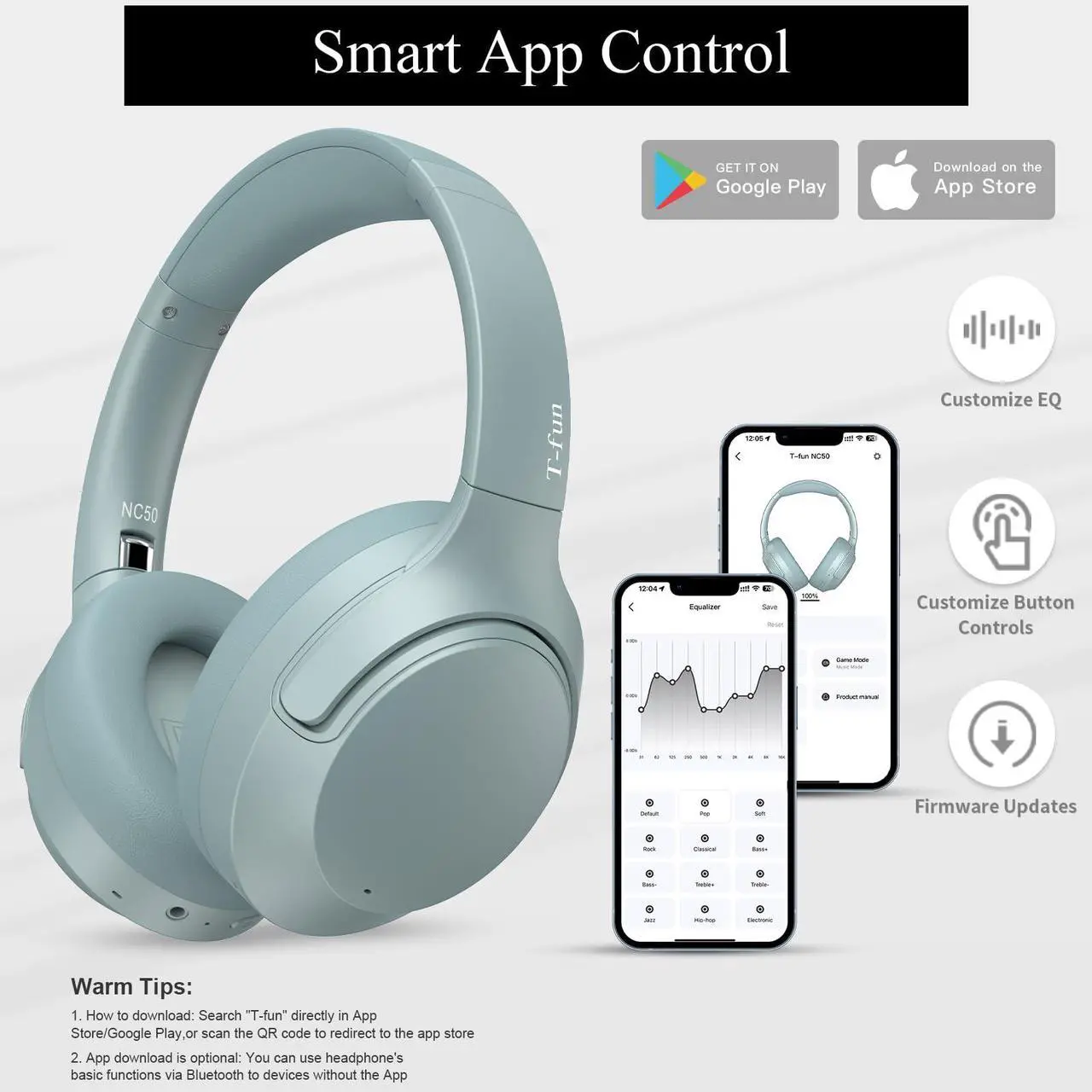 Alt view image 5 of 5 - T-fun NC50 Hybrid Active Noise Cancelling Headphones Wireless Bluetooth 5.3, Foldable Over Ear Headphones, Custom EQ via App, 65 Hours Playtime, Low Latency Game Mode, Multipoint Connection