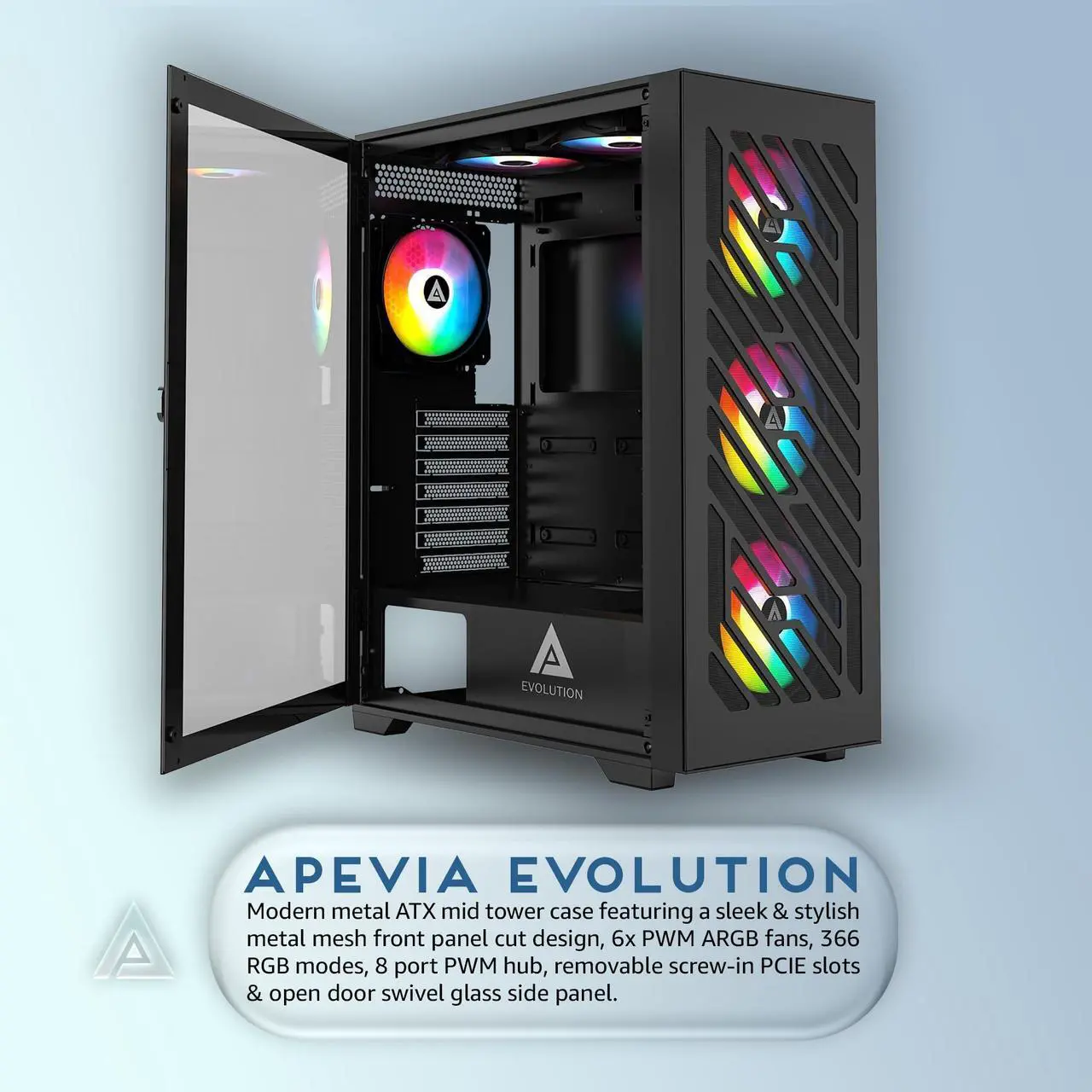 Alt view image 2 of 5 - Apevia EVOLUTION-BK Evolution Mid Tower Gaming PC Case w/ 6x 120mm PWM ARGB Fans, 366 RGB Light Modes, 1x Metal Plate Mesh Front Panel, 1x Door Swivel Style Magnetic Glass Side Panel, 2x USB3.0, Black