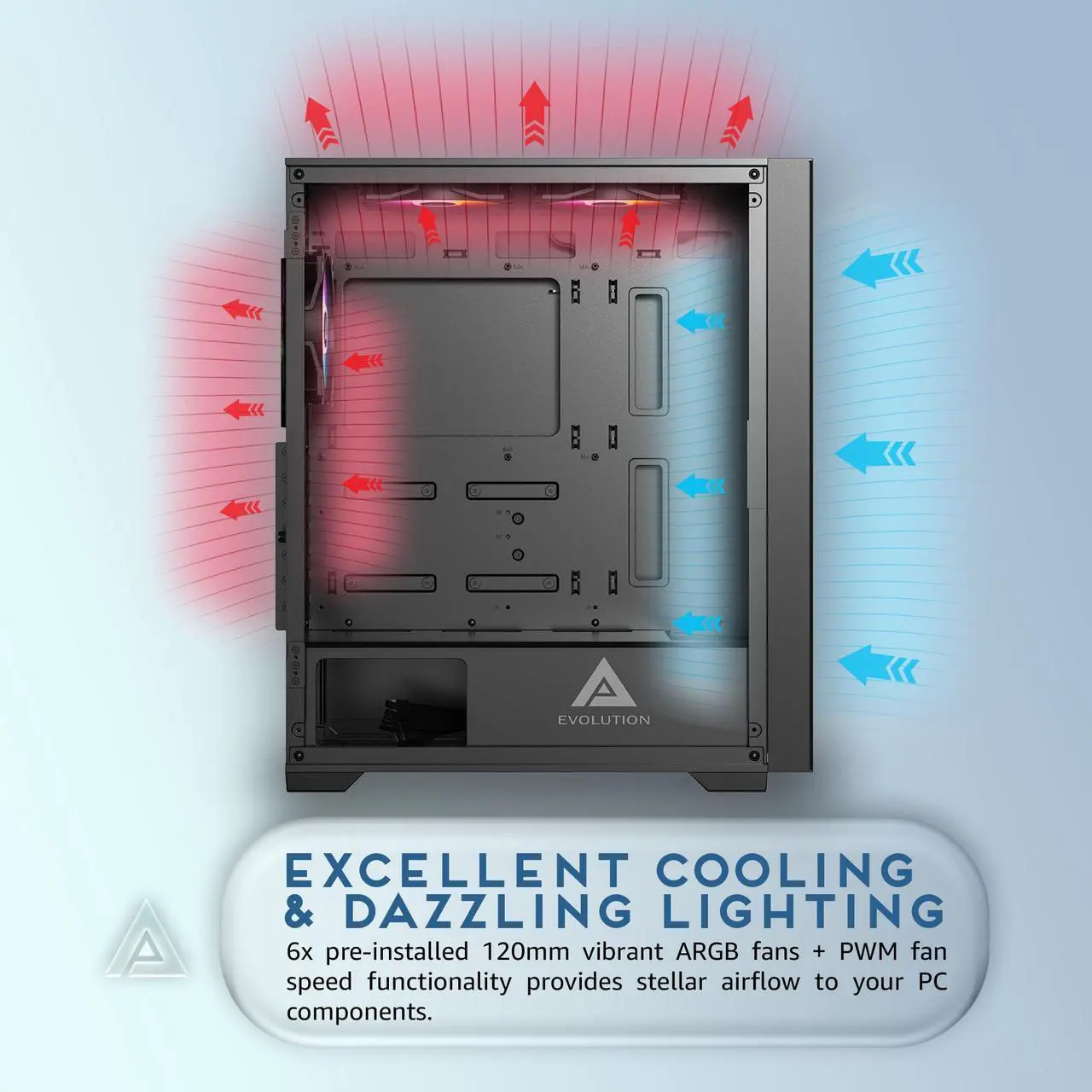 Alt view image 4 of 5 - Apevia EVOLUTION-BK Evolution Mid Tower Gaming PC Case w/ 6x 120mm PWM ARGB Fans, 366 RGB Light Modes, 1x Metal Plate Mesh Front Panel, 1x Door Swivel Style Magnetic Glass Side Panel, 2x USB3.0, Black