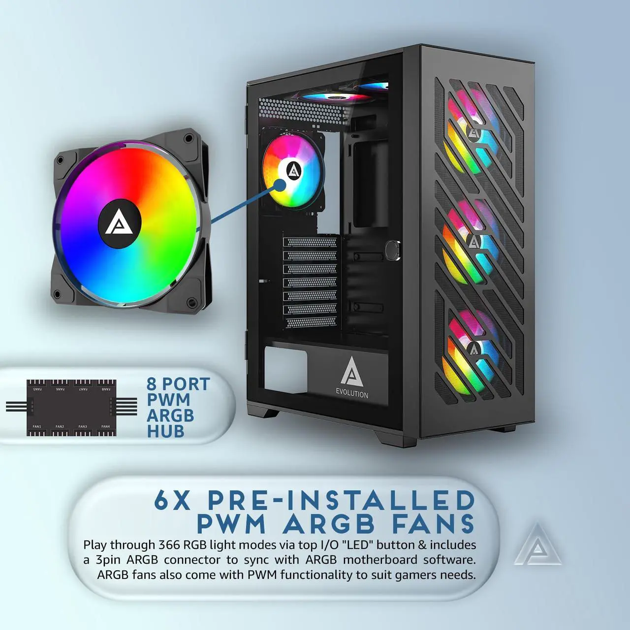 Alt view image 3 of 5 - Apevia EVOLUTION-BK Evolution Mid Tower Gaming PC Case w/ 6x 120mm PWM ARGB Fans, 366 RGB Light Modes, 1x Metal Plate Mesh Front Panel, 1x Door Swivel Style Magnetic Glass Side Panel, 2x USB3.0, Black
