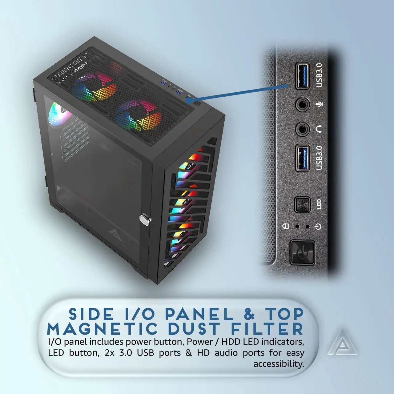 Alt view image 5 of 5 - Apevia EVOLUTION-BK Evolution Mid Tower Gaming PC Case w/ 6x 120mm PWM ARGB Fans, 366 RGB Light Modes, 1x Metal Plate Mesh Front Panel, 1x Door Swivel Style Magnetic Glass Side Panel, 2x USB3.0, Black