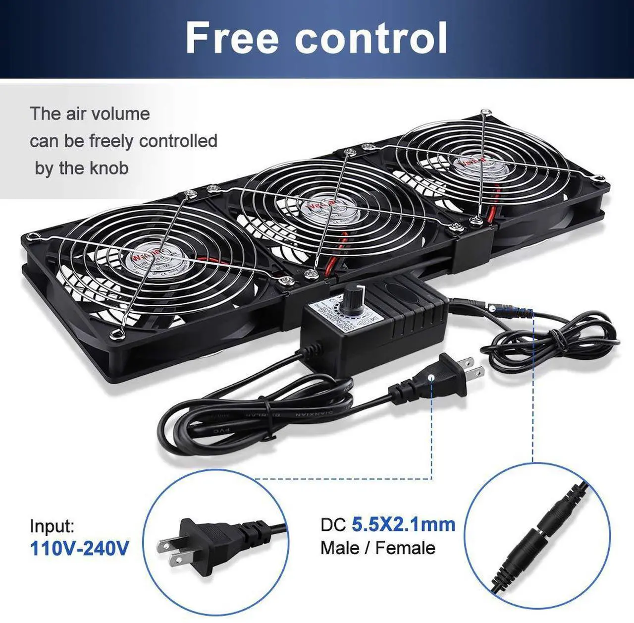 Alt view image 4 of 5 - Wathai Dual Ball 3 x 120mm Computer Fan with AC Plug DC 12V Big Airflow Fans with 110V 120V 220V 240V AC Speed Controller for DIY Cabinet Chassis Machine Server Workstation Cooling