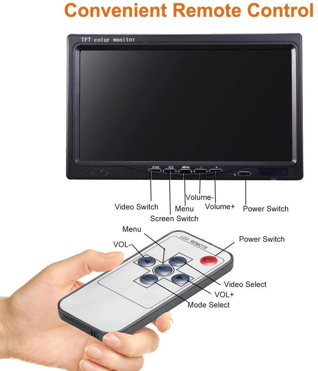 Alt view image 2 of 5 - Vehicle On-Dash Backup Monitor, 7" Digital HD Car TFT LCD Color Screen Display with 2 Video Input for Rear View Camera(800x 480)