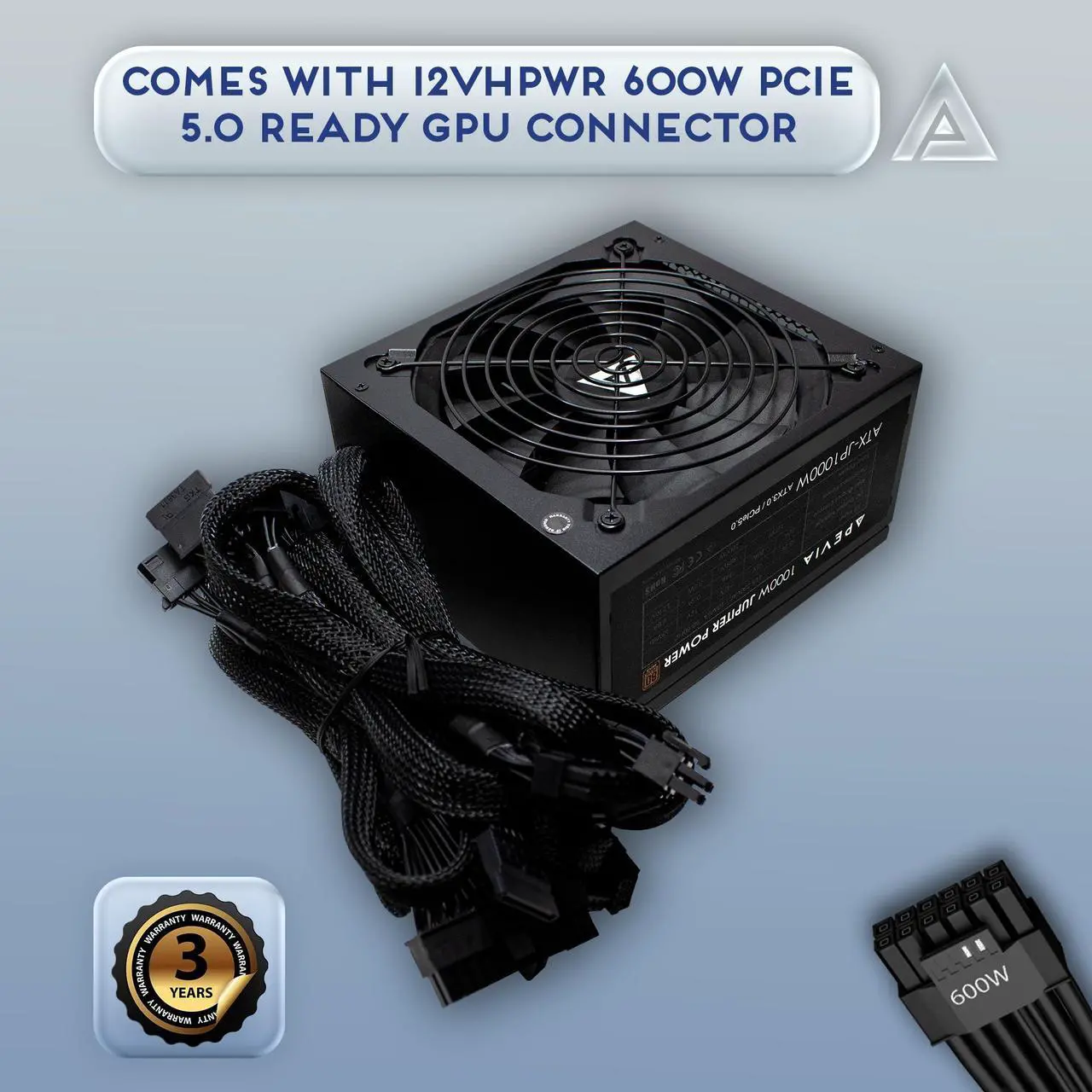 Alt view image 3 of 5 - Apevia ATX-JP1000W PCIe 5.0 & ATX 3.0 Ready Jupiter 1000W 80+ Bronze Certified, Gen 5 12VHPWR Connector, Active PFC ATX Gaming Power Supply