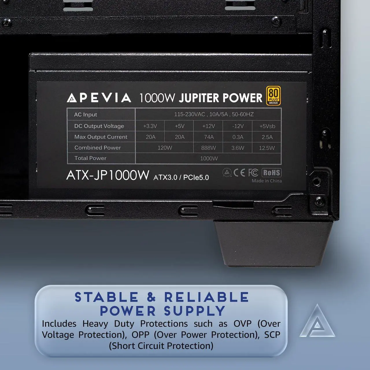 Alt view image 5 of 5 - Apevia ATX-JP1000W PCIe 5.0 & ATX 3.0 Ready Jupiter 1000W 80+ Bronze Certified, Gen 5 12VHPWR Connector, Active PFC ATX Gaming Power Supply
