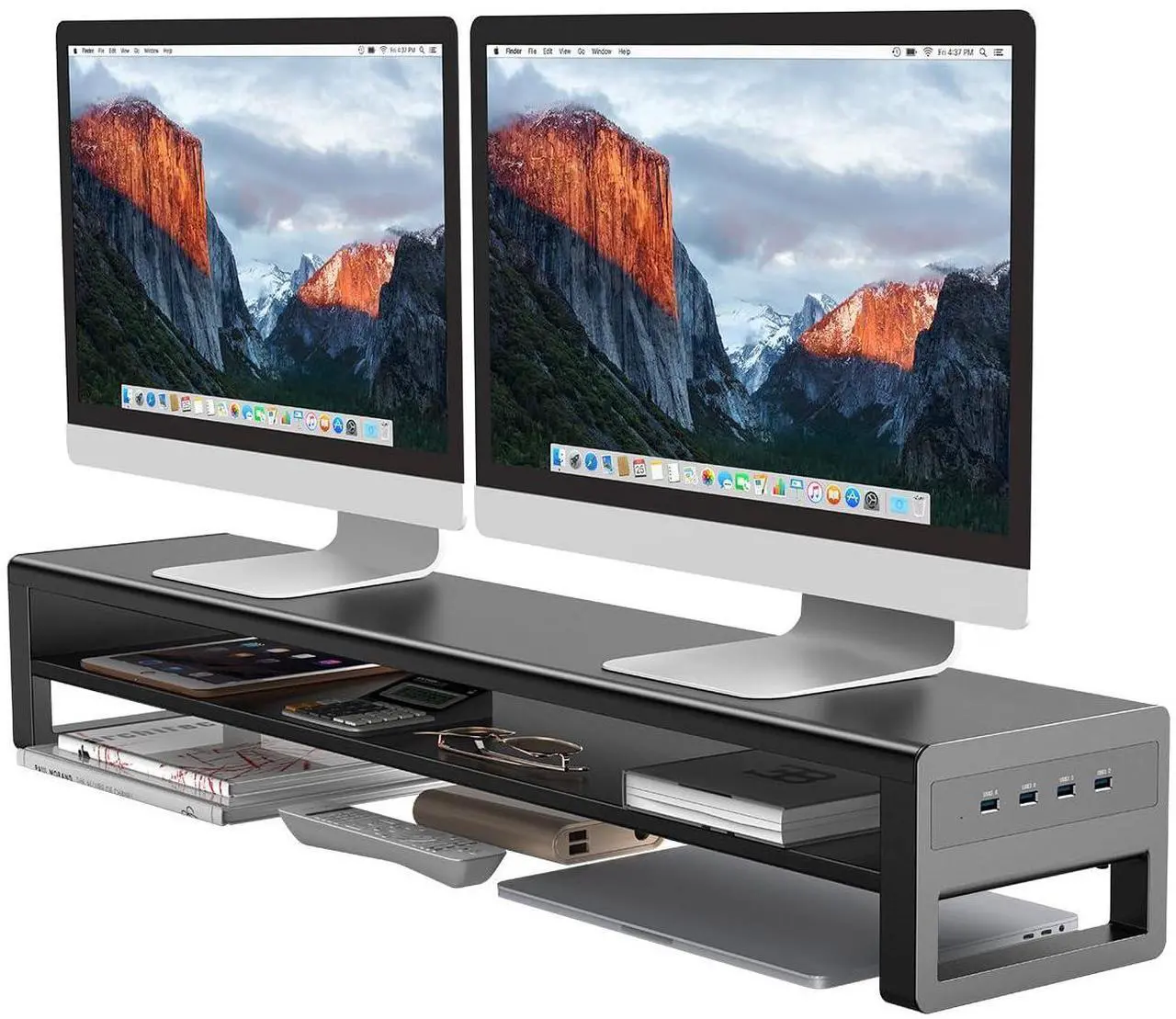 Main image of 2 Tiers Dual Monitor Stand with 4 USB 3.0 Ports Hub, Double Monitor Riser, Metal Desk Stand with Storage, Long Screen Raiser for 2 Monitors Computer Mac Desktop Organizer Black Large