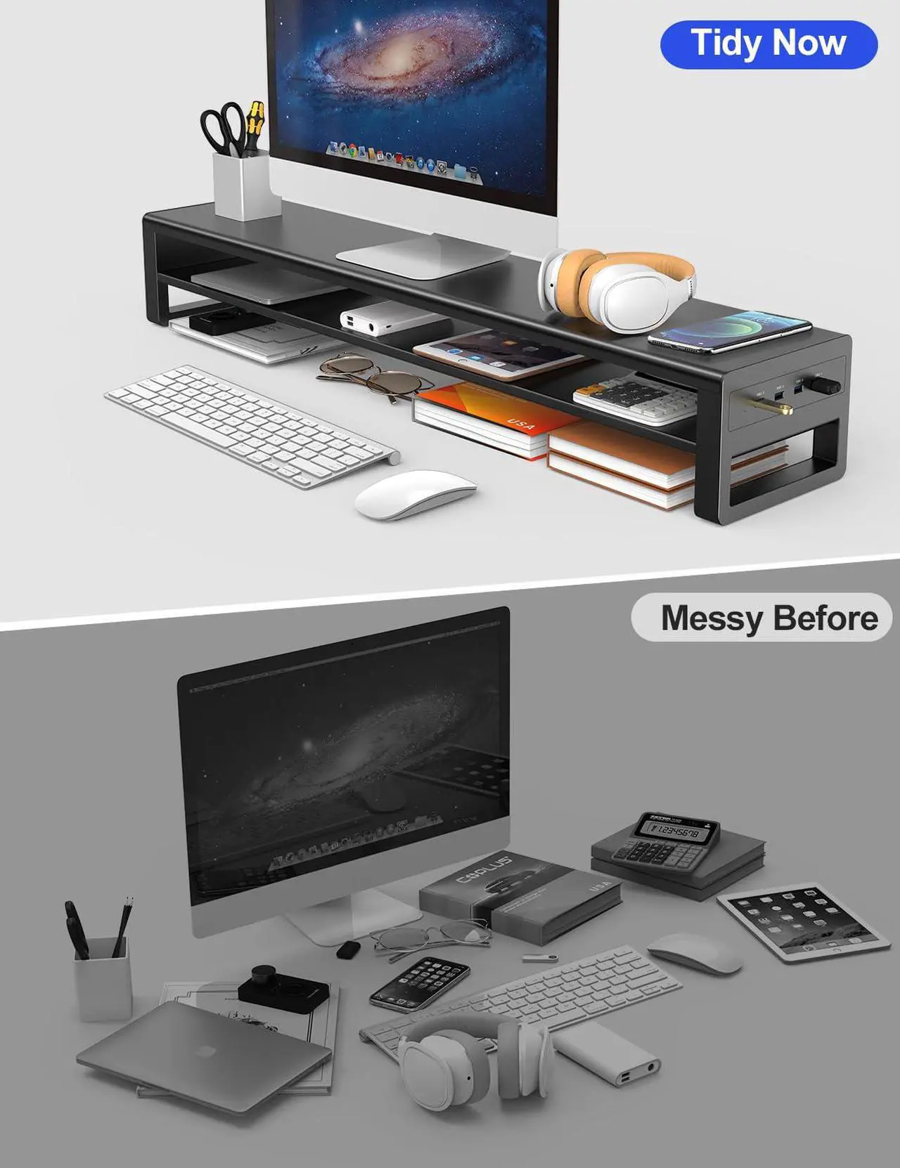 Alt view image 5 of 5 - 2 Tiers Dual Monitor Stand with 4 USB 3.0 Ports Hub, Double Monitor Riser, Metal Desk Stand with Storage, Long Screen Raiser for 2 Monitors Computer Mac Desktop Organizer Black Large