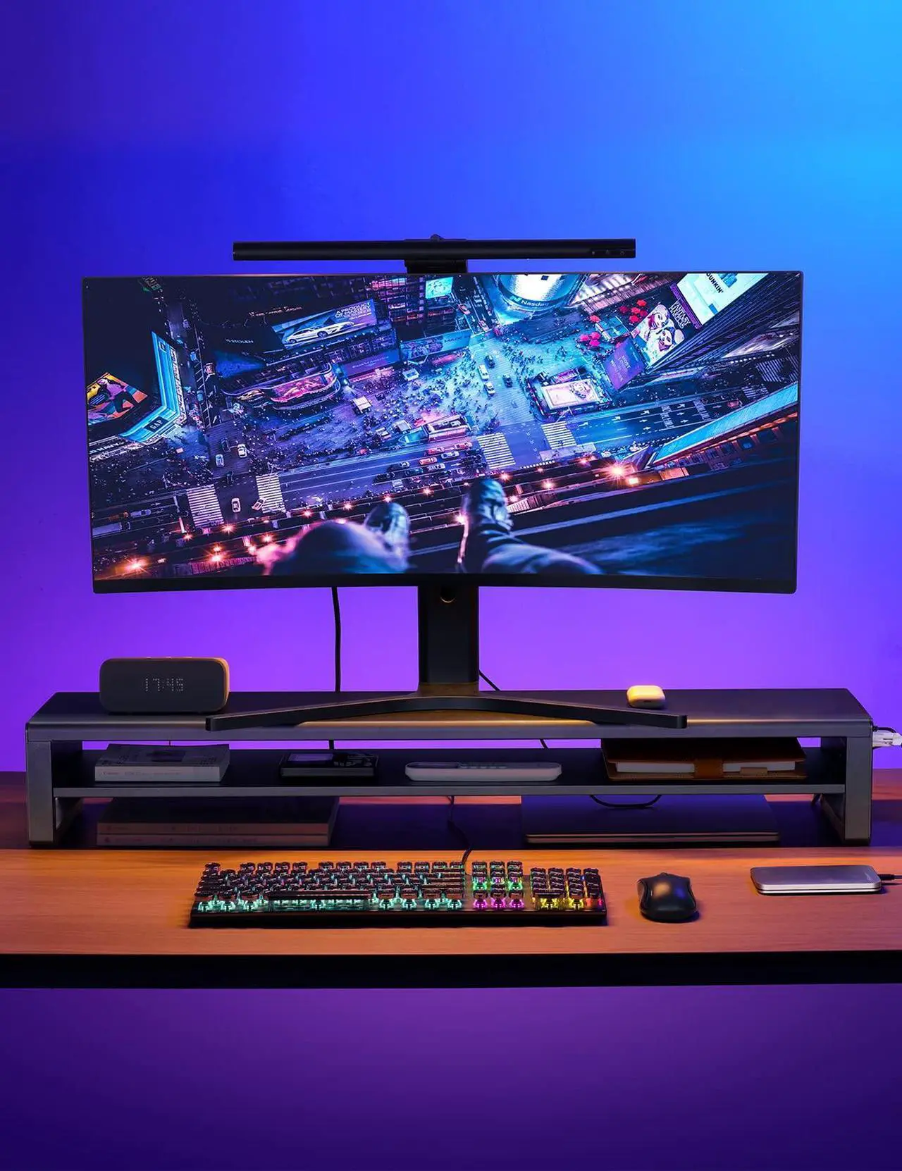 Alt view image 4 of 5 - 2 Tiers Dual Monitor Stand with 4 USB 3.0 Ports Hub, Double Monitor Riser, Metal Desk Stand with Storage, Long Screen Raiser for 2 Monitors Computer Mac Desktop Organizer Black Large