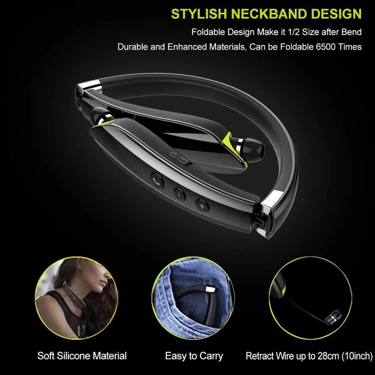 Alt view image 2 of 5 - BEARTWO Bluetooth Headphones, Upgraded Foldable Wireless Neckband Headset with Retractable Earbuds, Noise Cancelling Stereo Earphones with Mic for Workout, Running, Driving (with Carry Case)