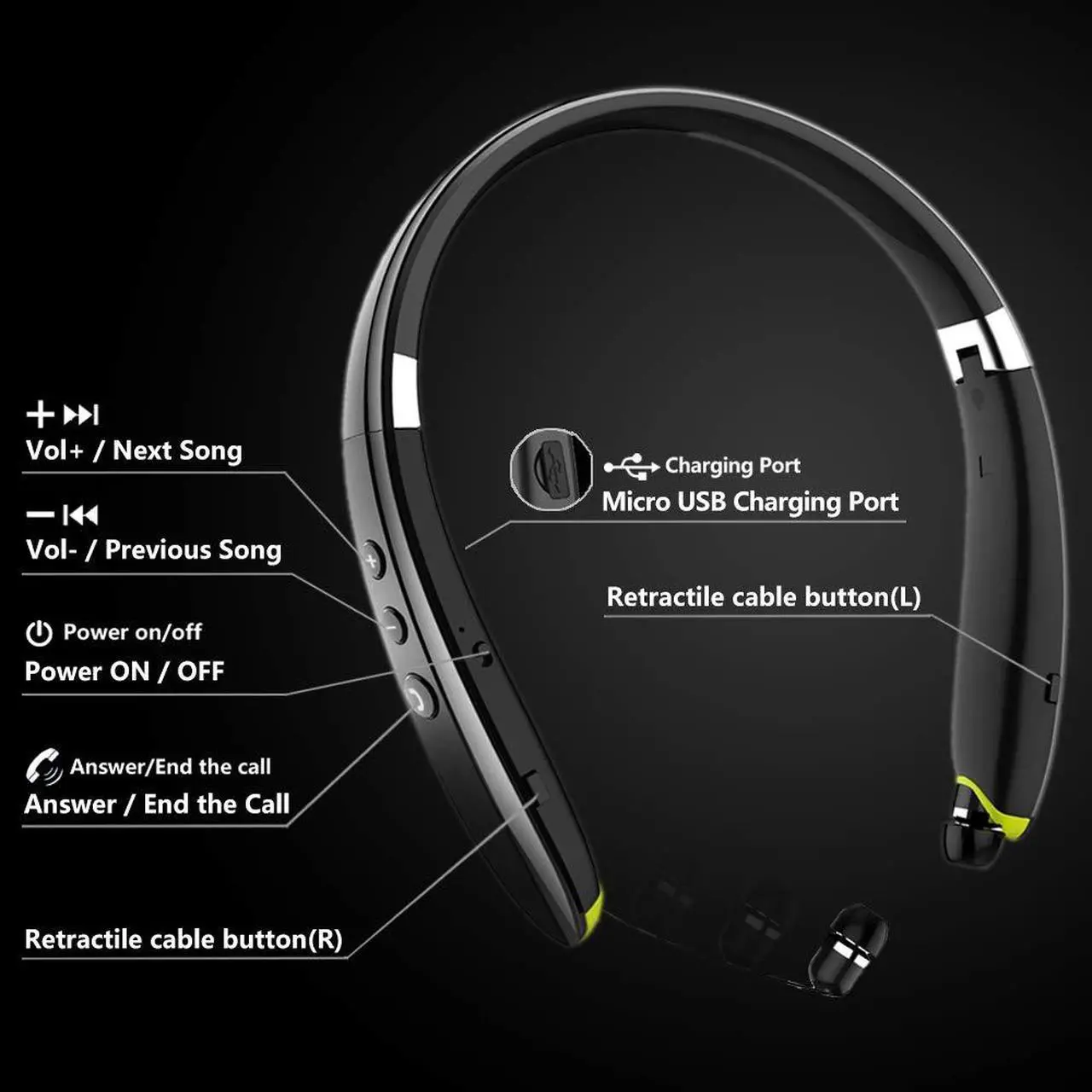 Alt view image 4 of 5 - BEARTWO Bluetooth Headphones, Upgraded Foldable Wireless Neckband Headset with Retractable Earbuds, Noise Cancelling Stereo Earphones with Mic for Workout, Running, Driving (with Carry Case)