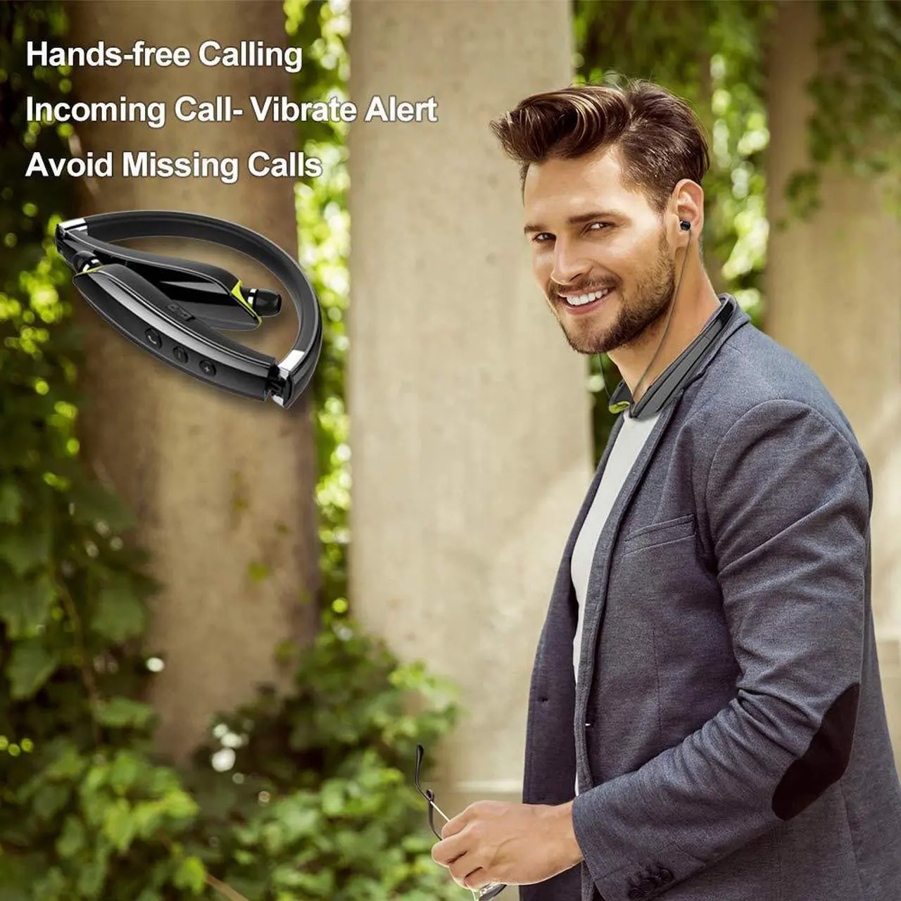 Alt view image 5 of 5 - BEARTWO Bluetooth Headphones, Upgraded Foldable Wireless Neckband Headset with Retractable Earbuds, Noise Cancelling Stereo Earphones with Mic for Workout, Running, Driving (with Carry Case)