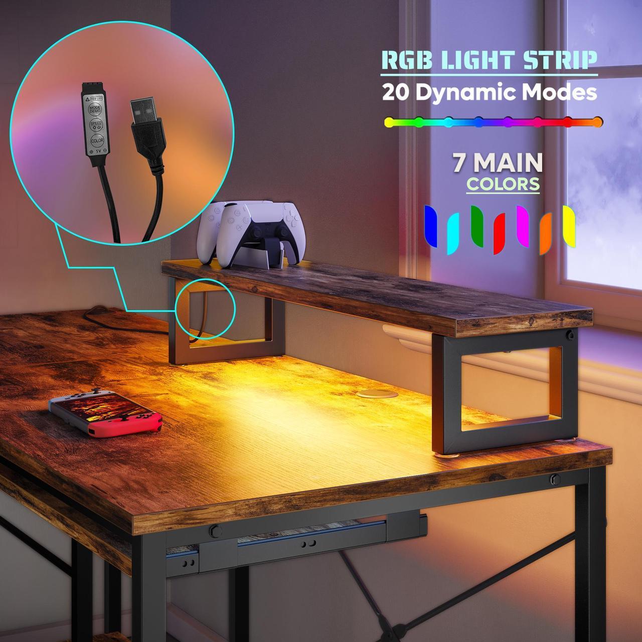 Alt view image 2 of 7 - Bestier L Shaped Gaming Desk with Led Light 95.2 Inch Computer Corner Desk or 2 Person Long Table with Shelves Monitor Stand and Keyboard Tray for Home Office, Rustic Brown