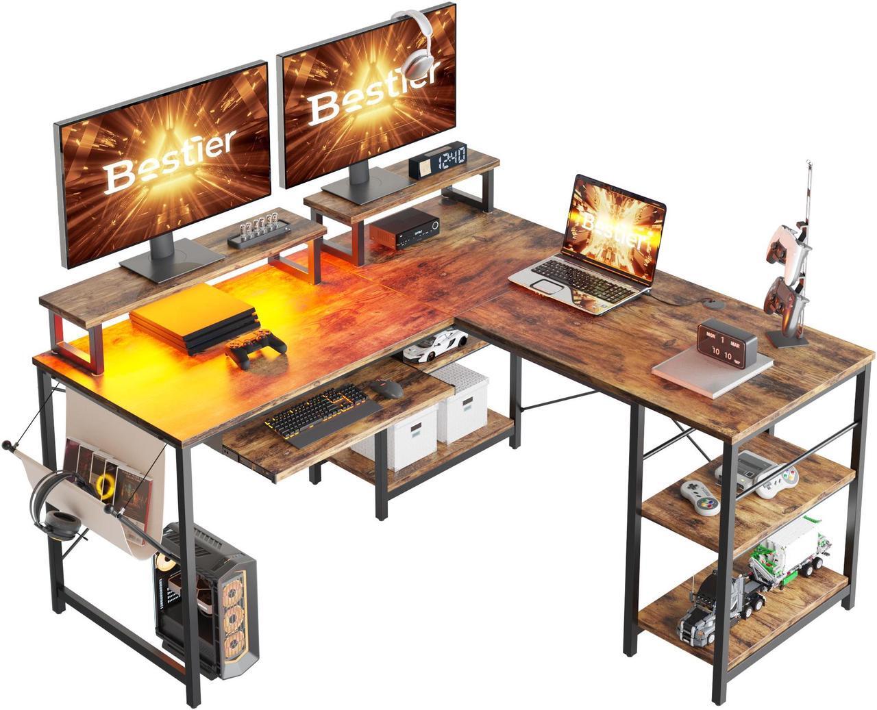 Main image of Bestier L Shaped Gaming Desk with Led Light 95.2 Inch Computer Corner Desk or 2 Person Long Table with Shelves Monitor Stand and Keyboard Tray for Home Office, Rustic Brown