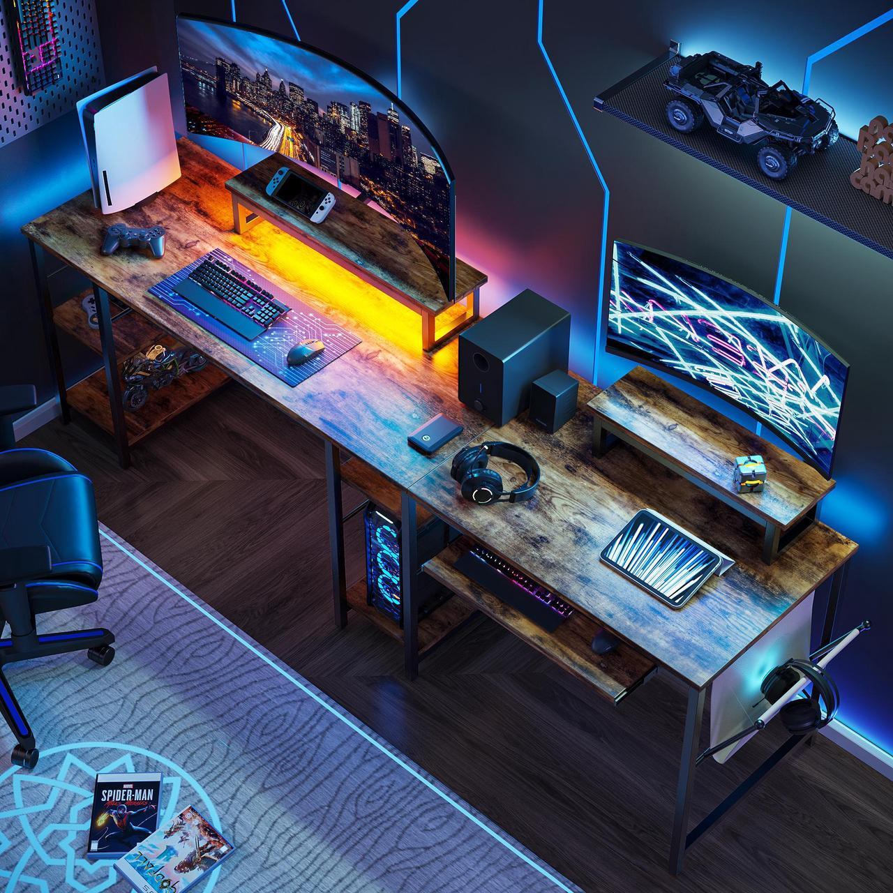 Alt view image 6 of 7 - Bestier L Shaped Gaming Desk with Led Light 95.2 Inch Computer Corner Desk or 2 Person Long Table with Shelves Monitor Stand and Keyboard Tray for Home Office, Rustic Brown