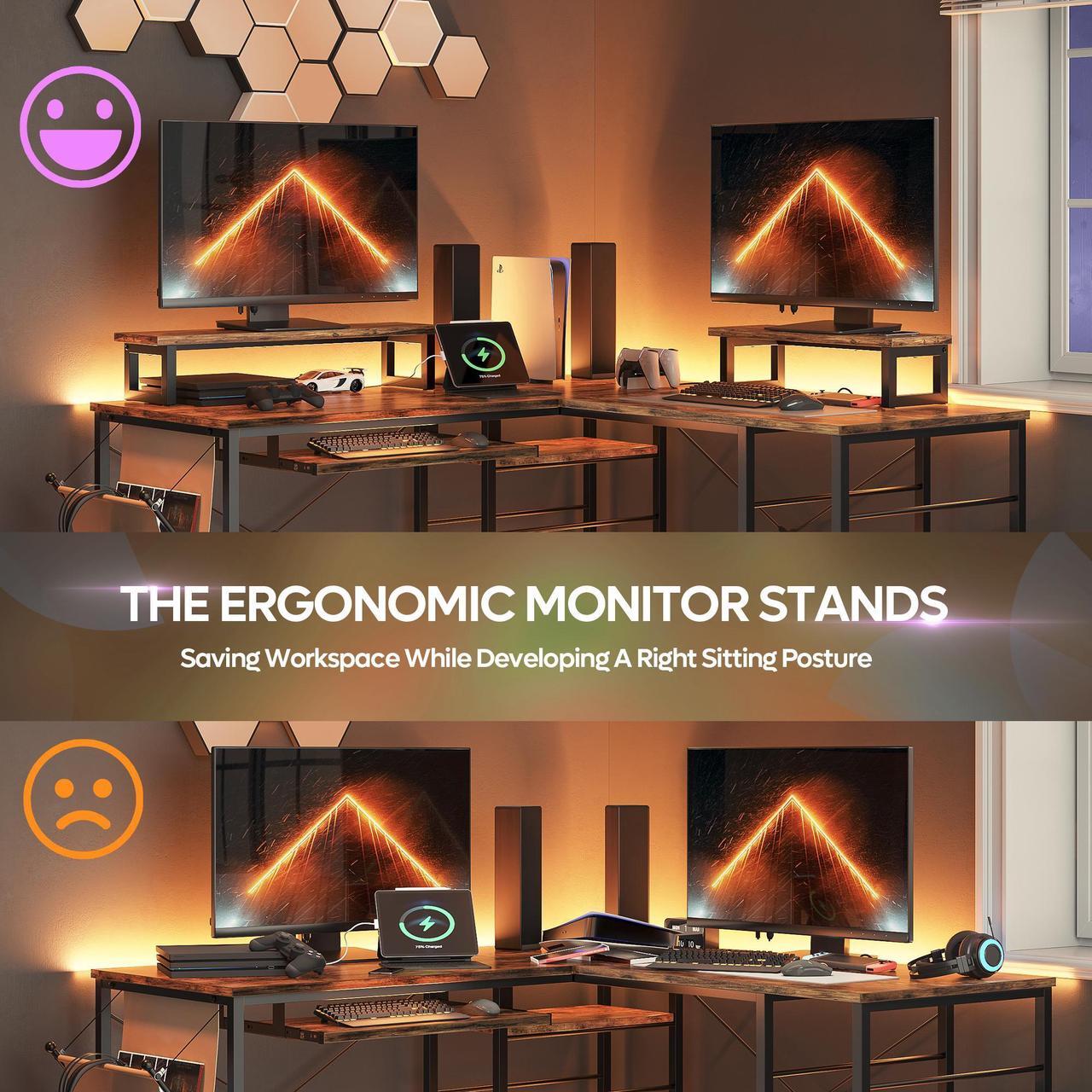 Alt view image 3 of 7 - Bestier L Shaped Gaming Desk with Led Light 95.2 Inch Computer Corner Desk or 2 Person Long Table with Shelves Monitor Stand and Keyboard Tray for Home Office, Rustic Brown