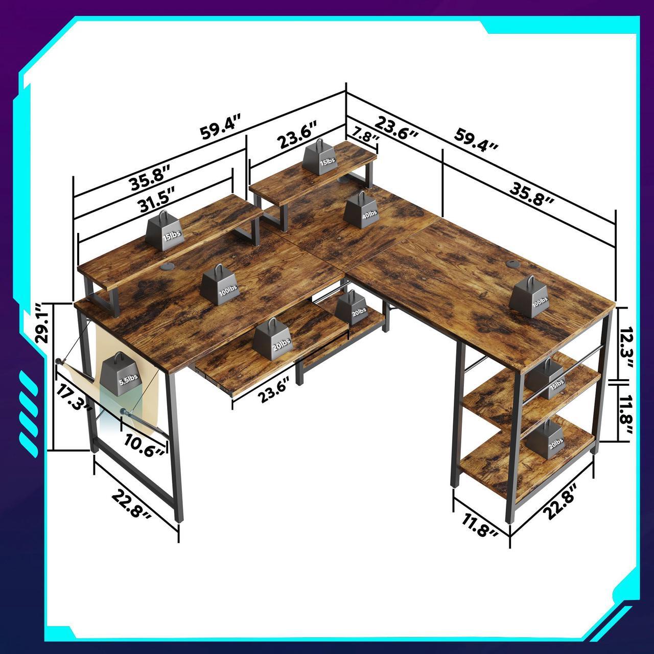 Alt view image 7 of 7 - Bestier L Shaped Gaming Desk with Led Light 95.2 Inch Computer Corner Desk or 2 Person Long Table with Shelves Monitor Stand and Keyboard Tray for Home Office, Rustic Brown