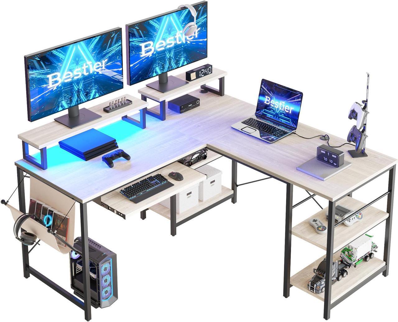 Main image of Bestier L Shaped Gaming Desk with Led Light 95.2 Inch Computer Corner Desk or 2 Person Long Table with Shelves Monitor Stand and Keyboard Tray for Home Office, White