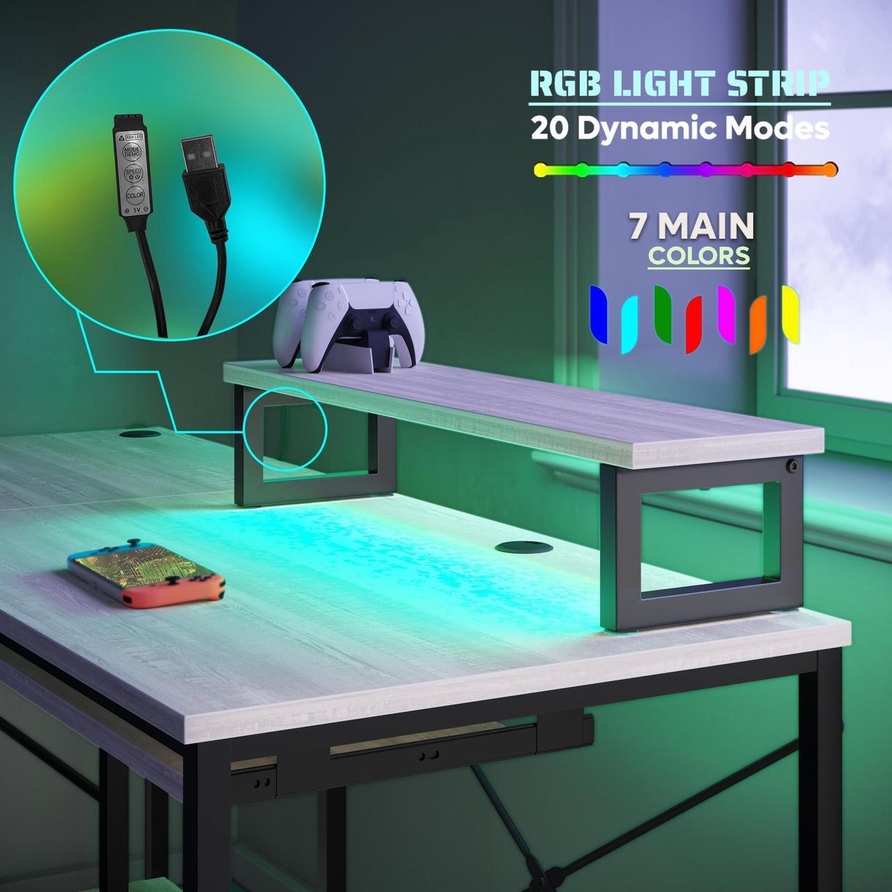 Alt view image 3 of 7 - Bestier L Shaped Gaming Desk with Led Light 95.2 Inch Computer Corner Desk or 2 Person Long Table with Shelves Monitor Stand and Keyboard Tray for Home Office, White