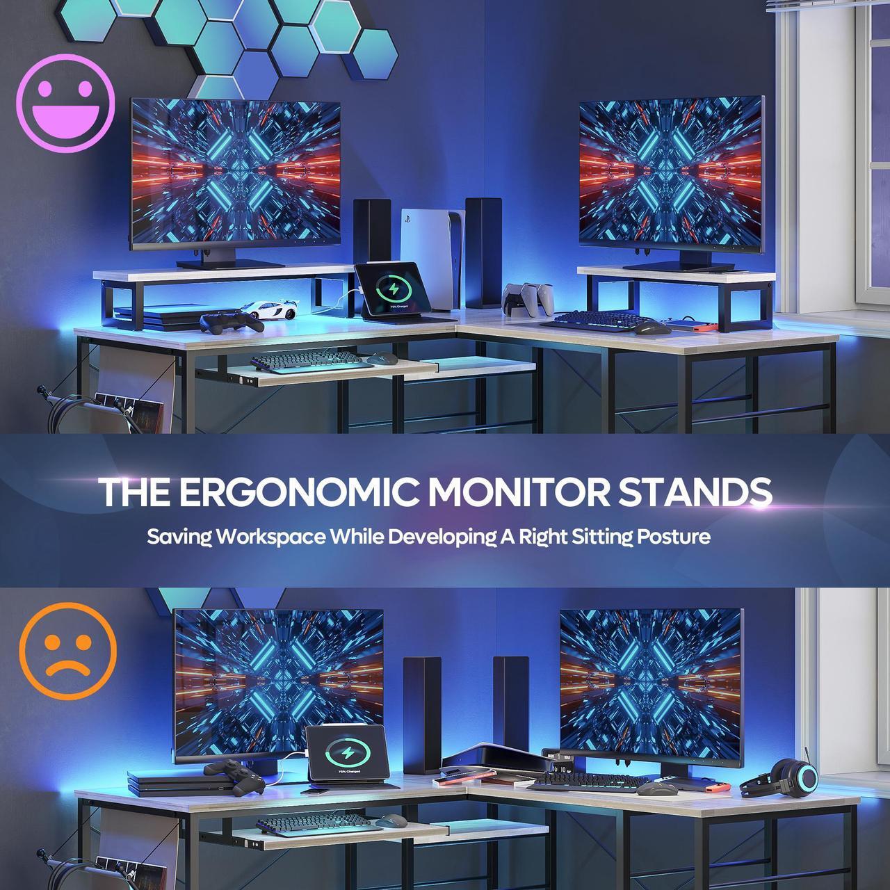 Alt view image 4 of 7 - Bestier L Shaped Gaming Desk with Led Light 95.2 Inch Computer Corner Desk or 2 Person Long Table with Shelves Monitor Stand and Keyboard Tray for Home Office, White