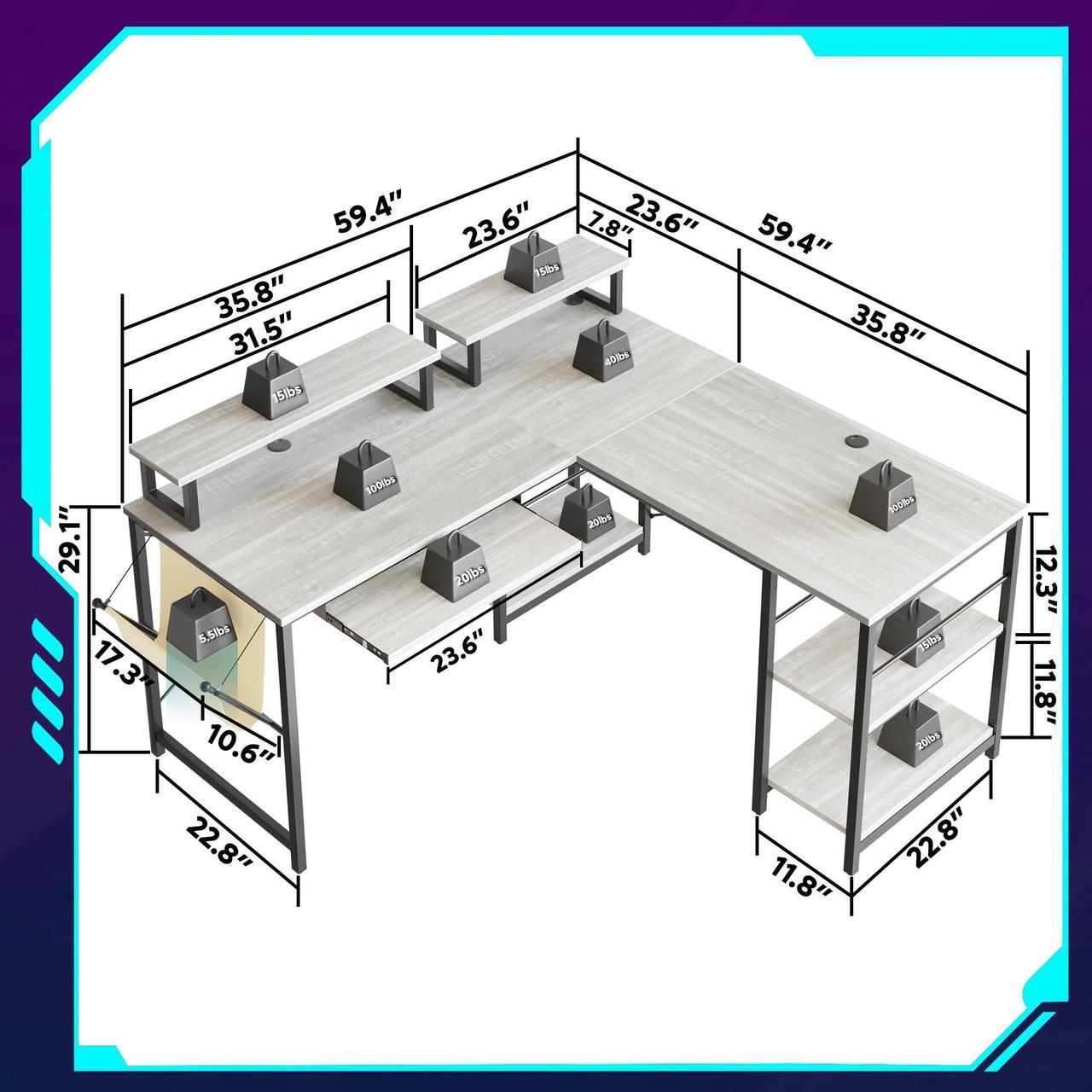 Alt view image 6 of 7 - Bestier L Shaped Gaming Desk with Led Light 95.2 Inch Computer Corner Desk or 2 Person Long Table with Shelves Monitor Stand and Keyboard Tray for Home Office, White