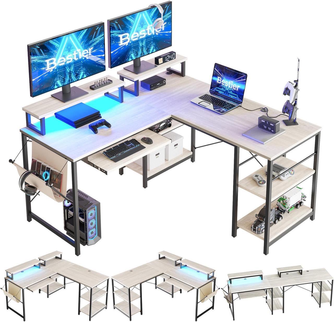 Alt view image 7 of 7 - Bestier L Shaped Gaming Desk with Led Light 95.2 Inch Computer Corner Desk or 2 Person Long Table with Shelves Monitor Stand and Keyboard Tray for Home Office, White