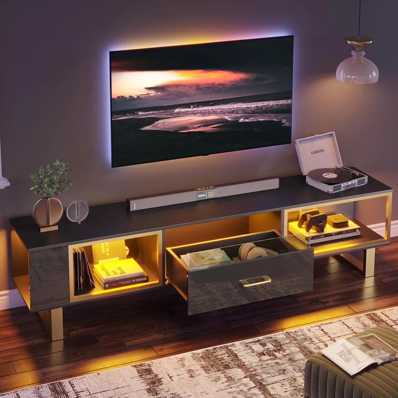 Alt view image 5 of 7 - Bestier 70 inch TV Stand Modern Media Console with LED Lights & Drawer - Black