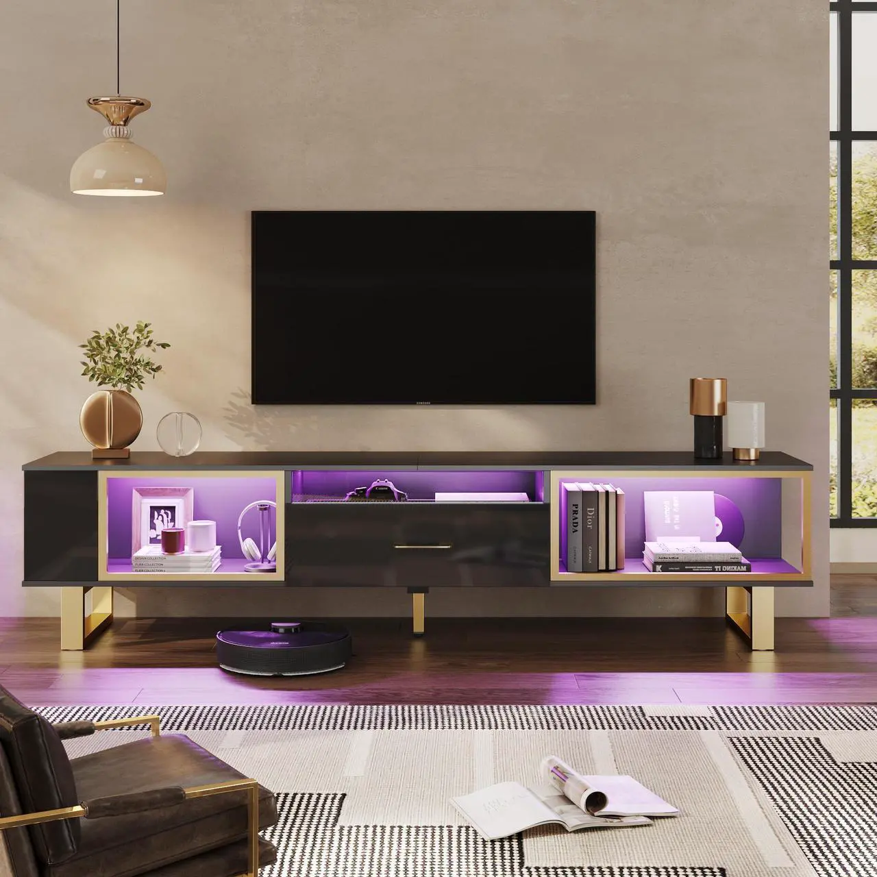 Alt view image 4 of 7 - Bestier 70 inch TV Stand Modern Media Console with LED Lights & Drawer - Black