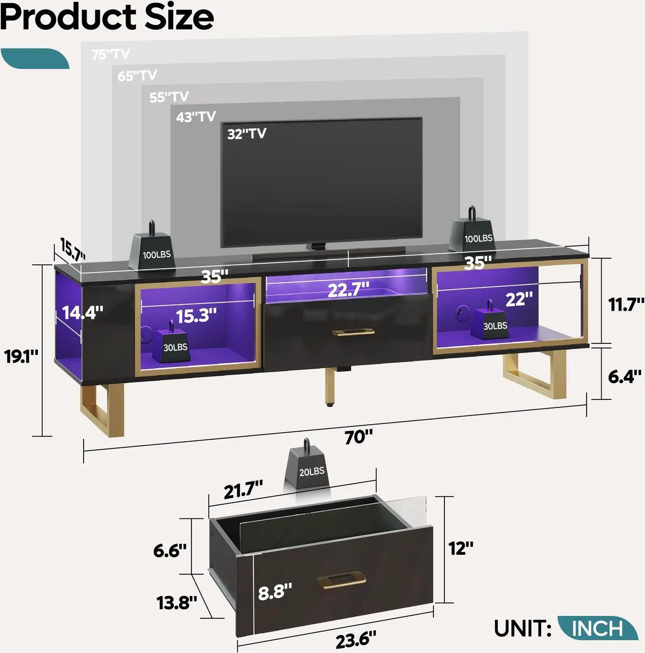 Alt view image 7 of 7 - Bestier 70 inch TV Stand Modern Media Console with LED Lights & Drawer - Black