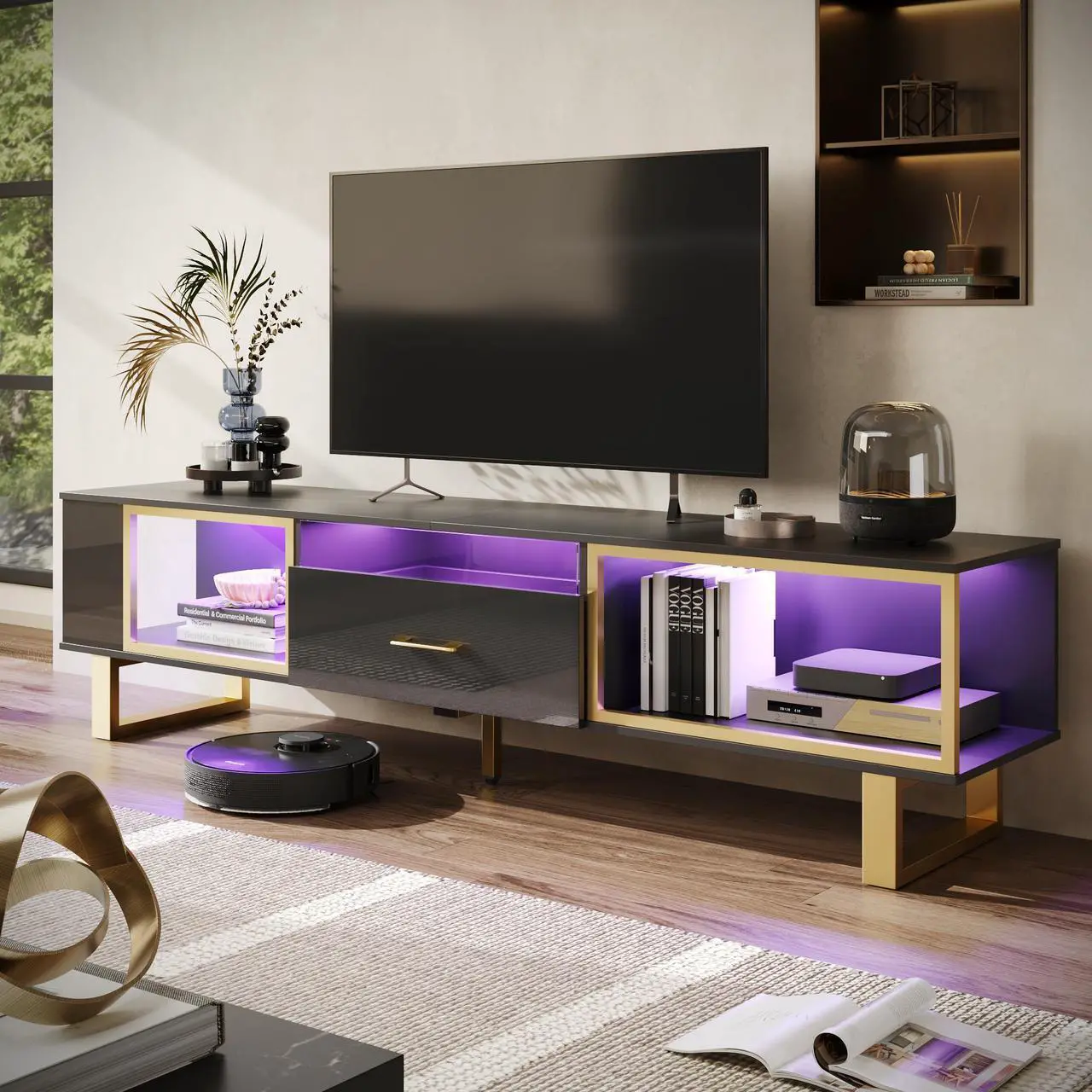 Alt view image 6 of 7 - Bestier 70 inch TV Stand Modern Media Console with LED Lights & Drawer - Black