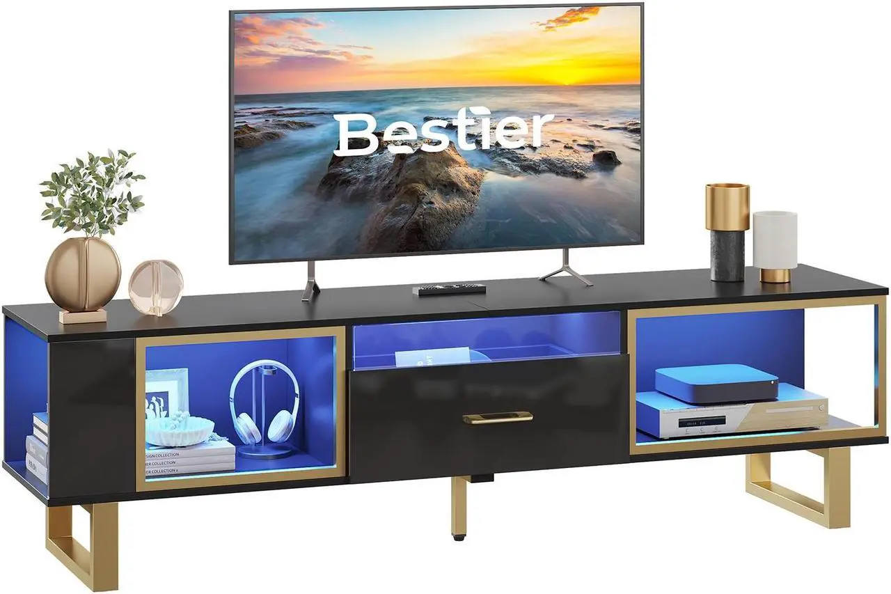 Main image of Bestier 70 inch TV Stand Modern Media Console with LED Lights & Drawer - Black