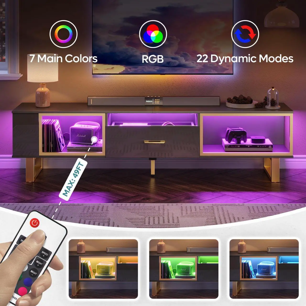 Alt view image 2 of 7 - Bestier 70 inch TV Stand Modern Media Console with LED Lights & Drawer - Black