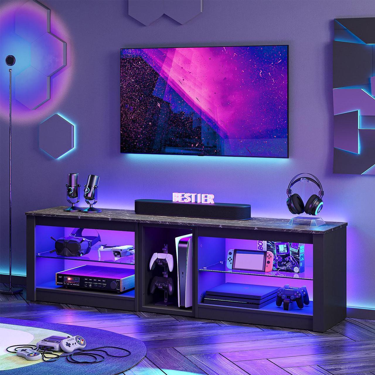 Alt view image 3 of 7 - Bestier TV Stand Gaming Entertainment Center Up to 70 inch TVs with LED Lights Cabinet & Shelves - Without Socket - Black Marble