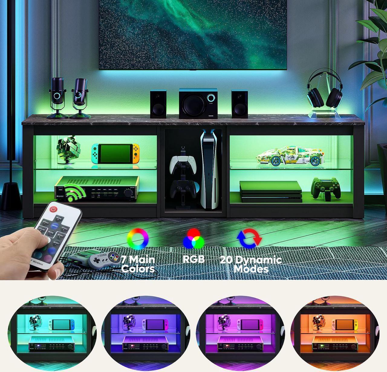 Alt view image 5 of 7 - Bestier TV Stand Gaming Entertainment Center Up to 70 inch TVs with LED Lights Cabinet & Shelves - Without Socket - Black Marble