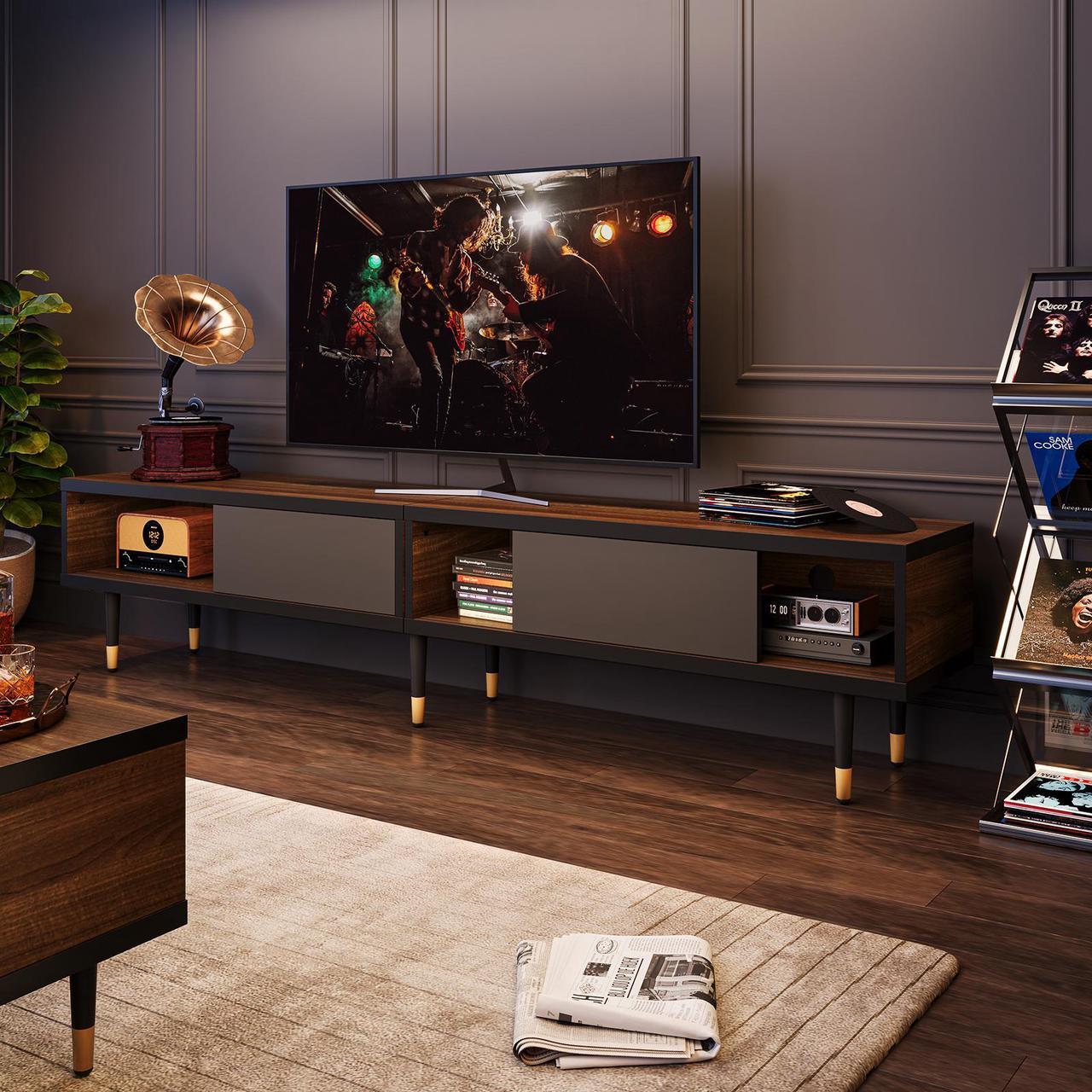 Alt view image 2 of 7 - Bestier Mid Century Modern TV Stand Entertainment Center with Storage and Sliding Doors for TVs up to 85" in Ancona Walnut