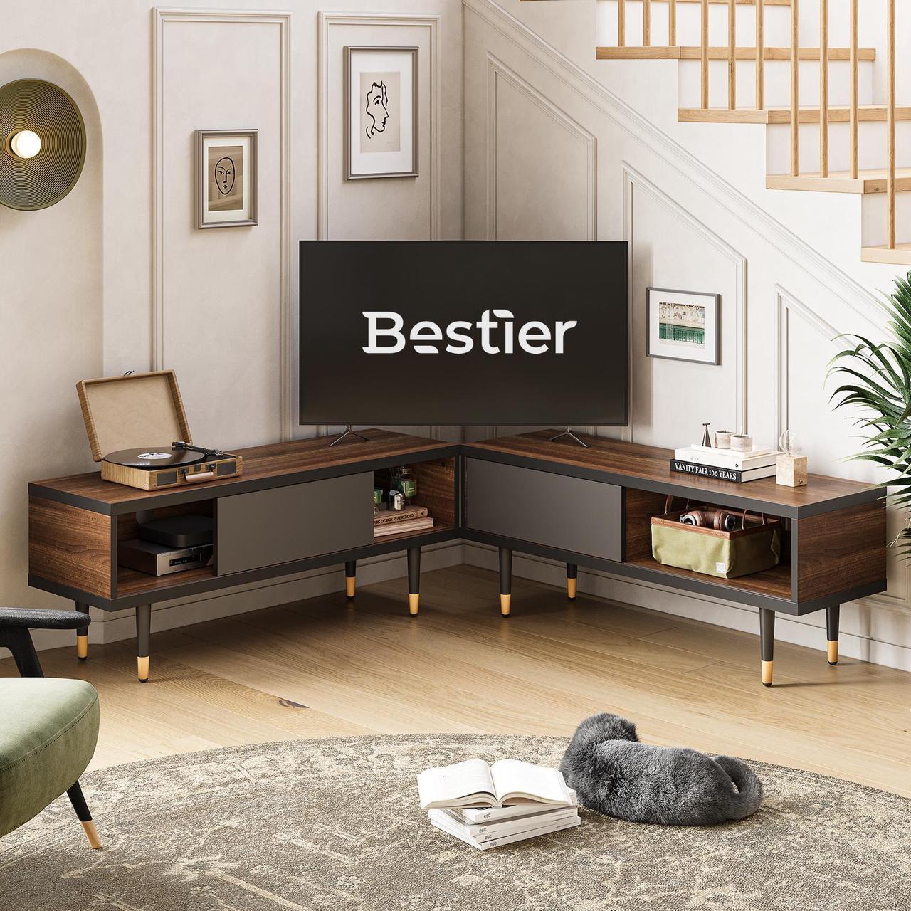 Alt view image 3 of 7 - Bestier Mid Century Modern TV Stand Entertainment Center with Storage and Sliding Doors for TVs up to 85" in Ancona Walnut