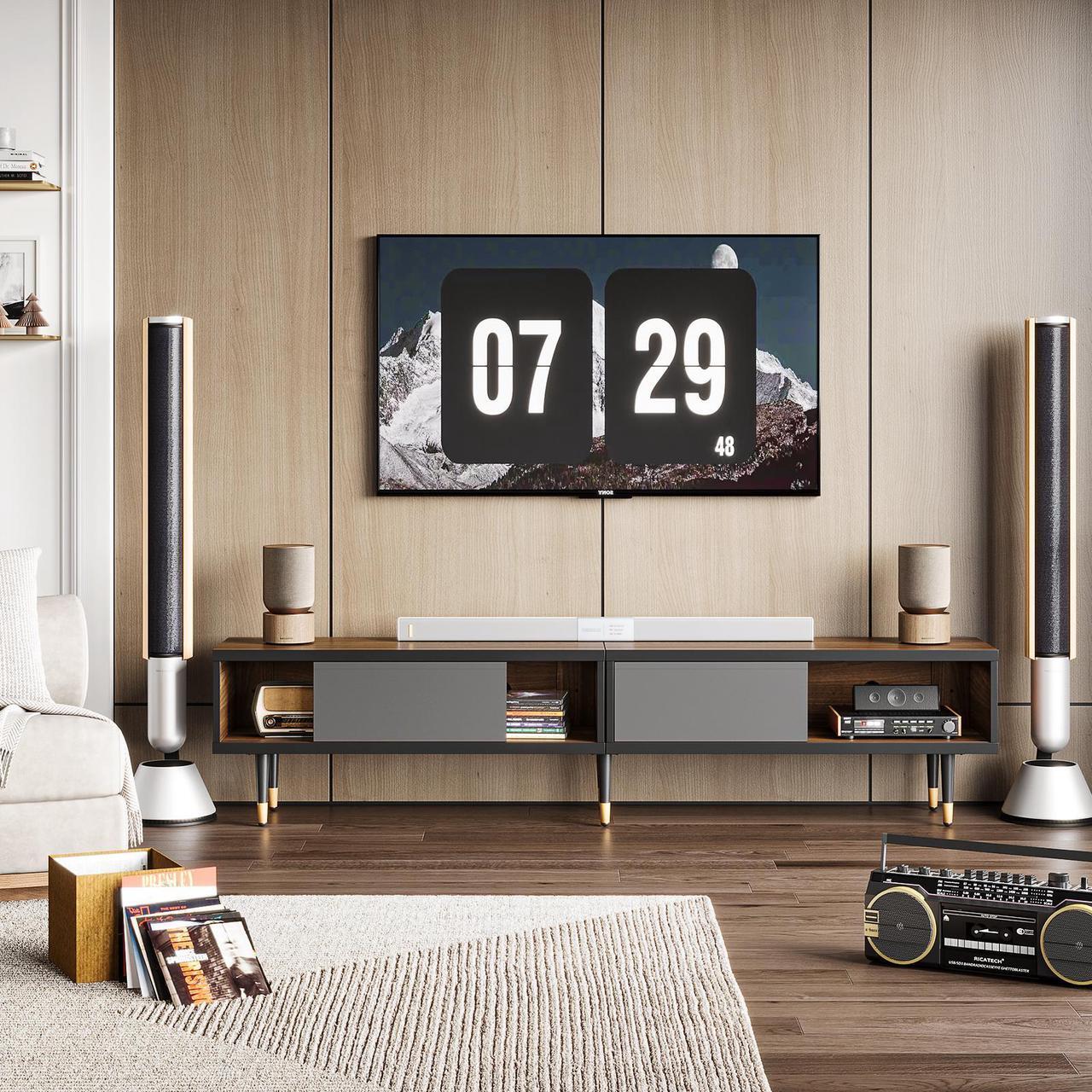 Alt view image 4 of 7 - Bestier Mid Century Modern TV Stand Entertainment Center with Storage and Sliding Doors for TVs up to 85" in Ancona Walnut