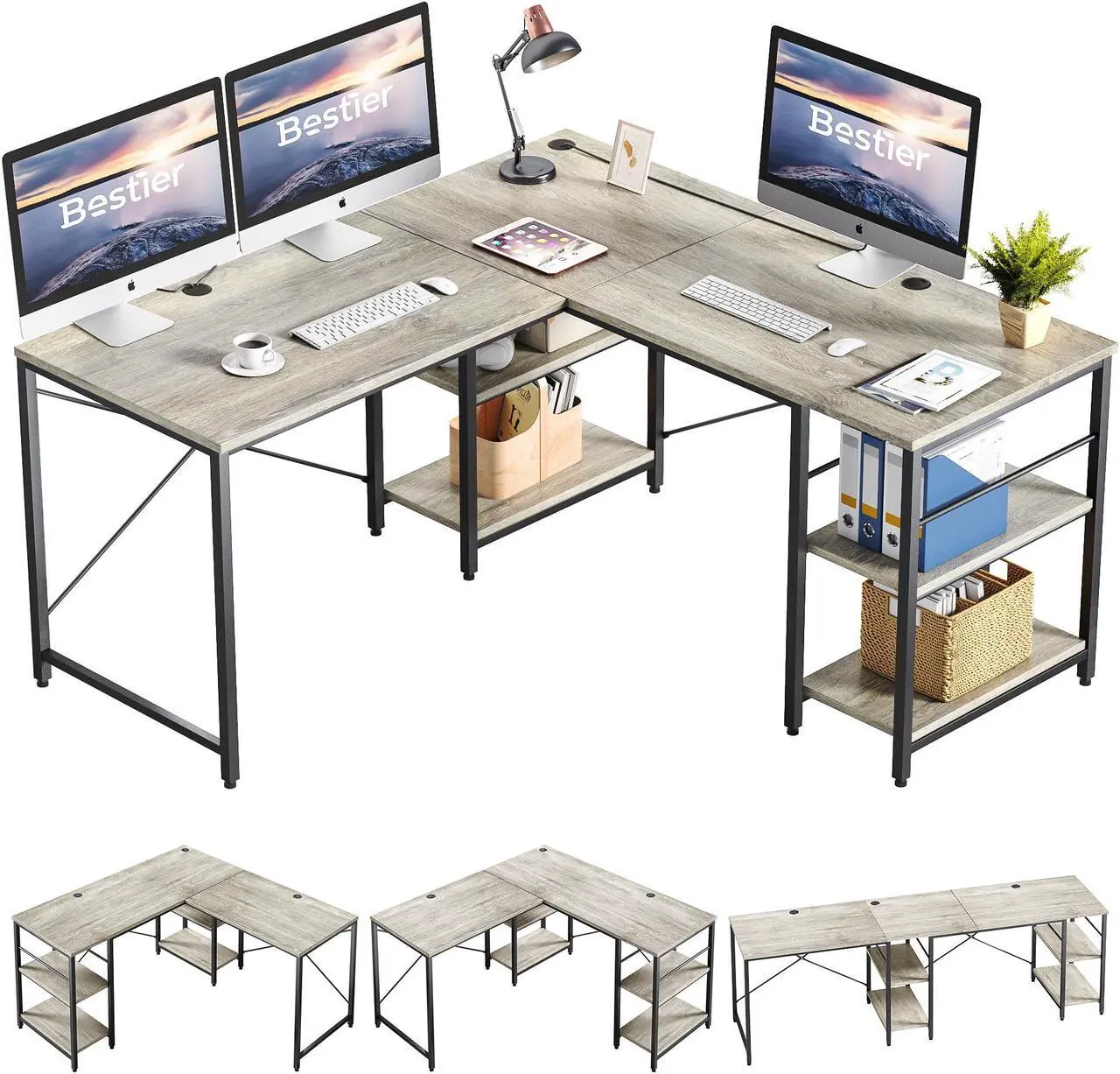 Main image of Bestier L Shaped Desk with Shelves 95.2 Inch Reversible Corner Computer Desk or 2 Person Long Table for Home Office Large Gaming Writing Storage Workstation P2 Board with 3 Cable Holes, Grey Oak