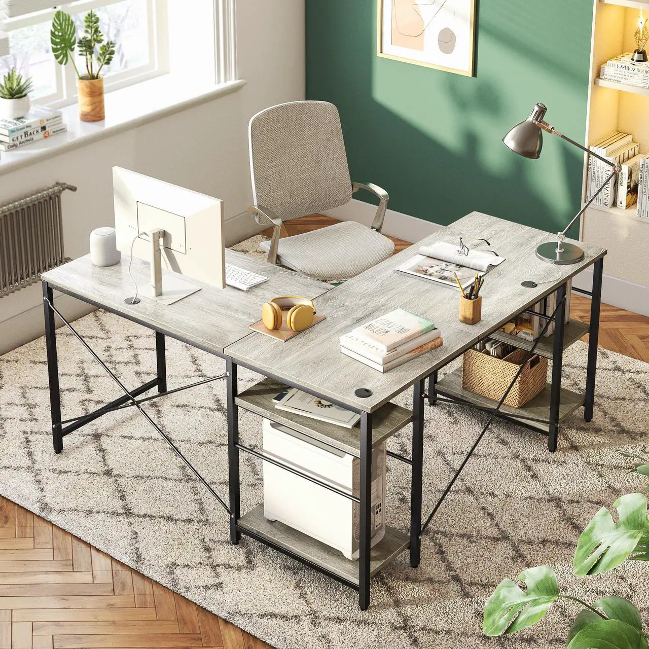 Alt view image 4 of 7 - Bestier L Shaped Desk with Shelves 95.2 Inch Reversible Corner Computer Desk or 2 Person Long Table for Home Office Large Gaming Writing Storage Workstation P2 Board with 3 Cable Holes, Grey Oak