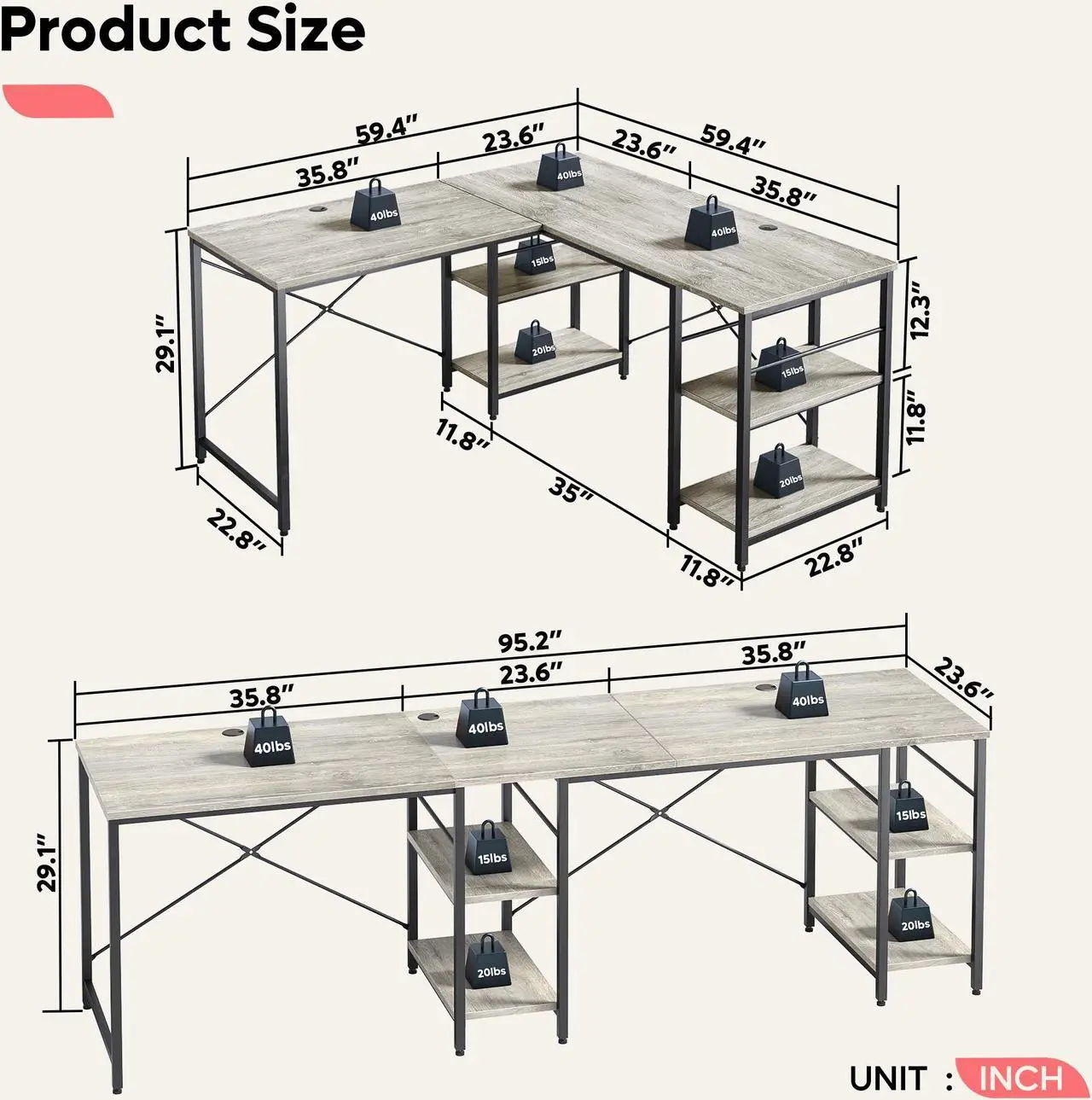 Alt view image 7 of 7 - Bestier L Shaped Desk with Shelves 95.2 Inch Reversible Corner Computer Desk or 2 Person Long Table for Home Office Large Gaming Writing Storage Workstation P2 Board with 3 Cable Holes, Grey Oak