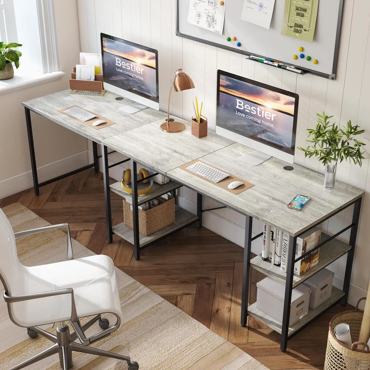 Alt view image 6 of 7 - Bestier L Shaped Desk with Shelves 95.2 Inch Reversible Corner Computer Desk or 2 Person Long Table for Home Office Large Gaming Writing Storage Workstation P2 Board with 3 Cable Holes, Grey Oak
