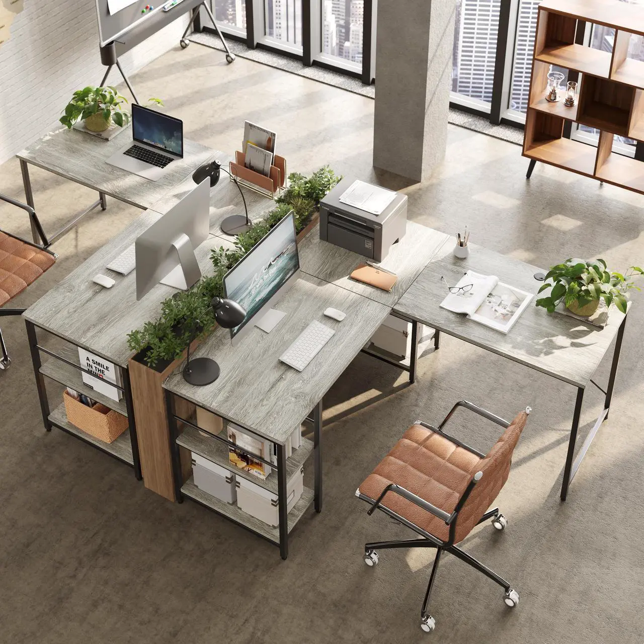 Alt view image 5 of 7 - Bestier L Shaped Desk with Shelves 95.2 Inch Reversible Corner Computer Desk or 2 Person Long Table for Home Office Large Gaming Writing Storage Workstation P2 Board with 3 Cable Holes, Grey Oak