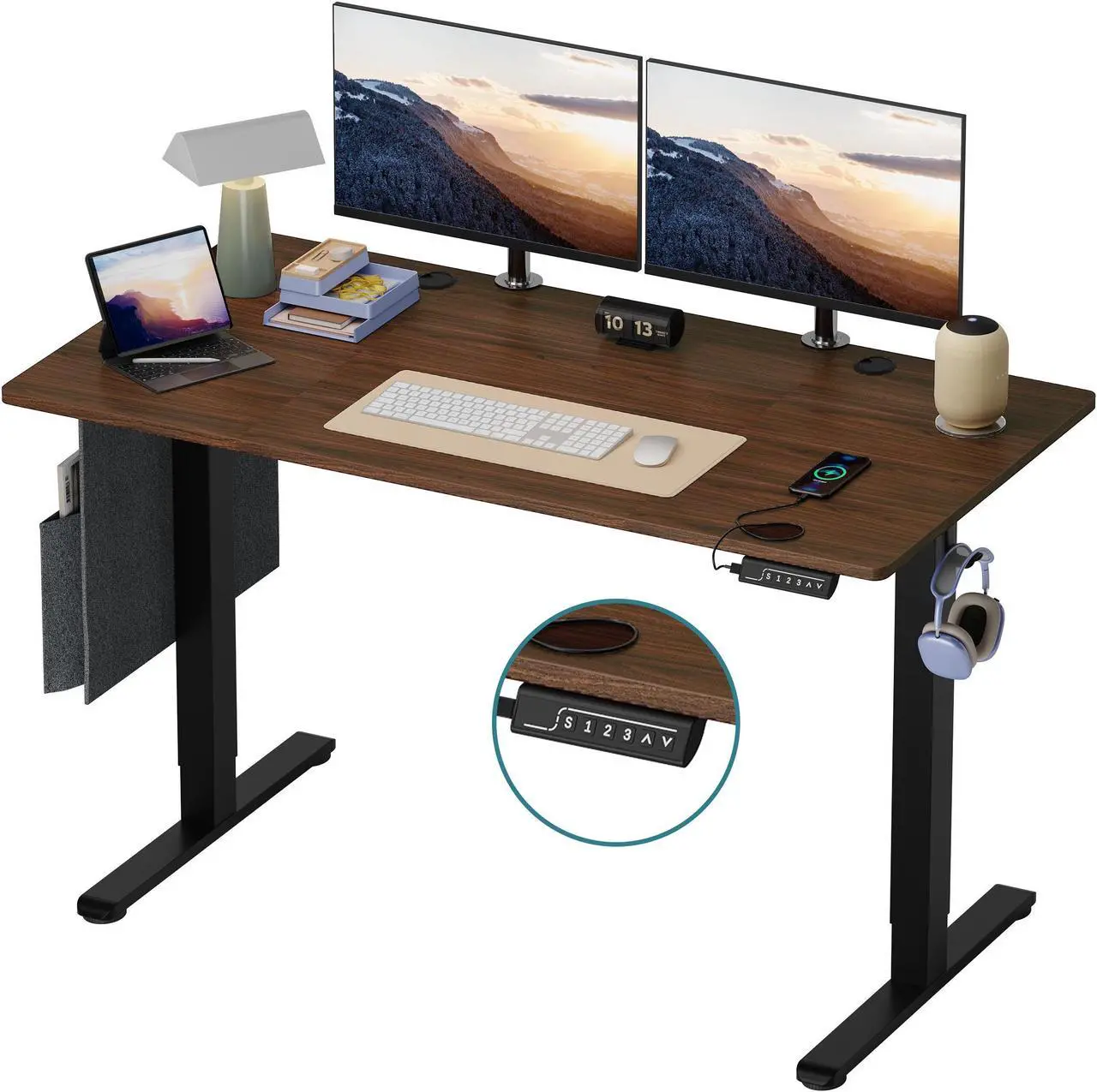 Main image of Bestier 55.1 Inch Electric Standing Desk, Adjustable Height Computer Desk with Side Storage Bag and Headphone Hook for Home Office,Black Walnut