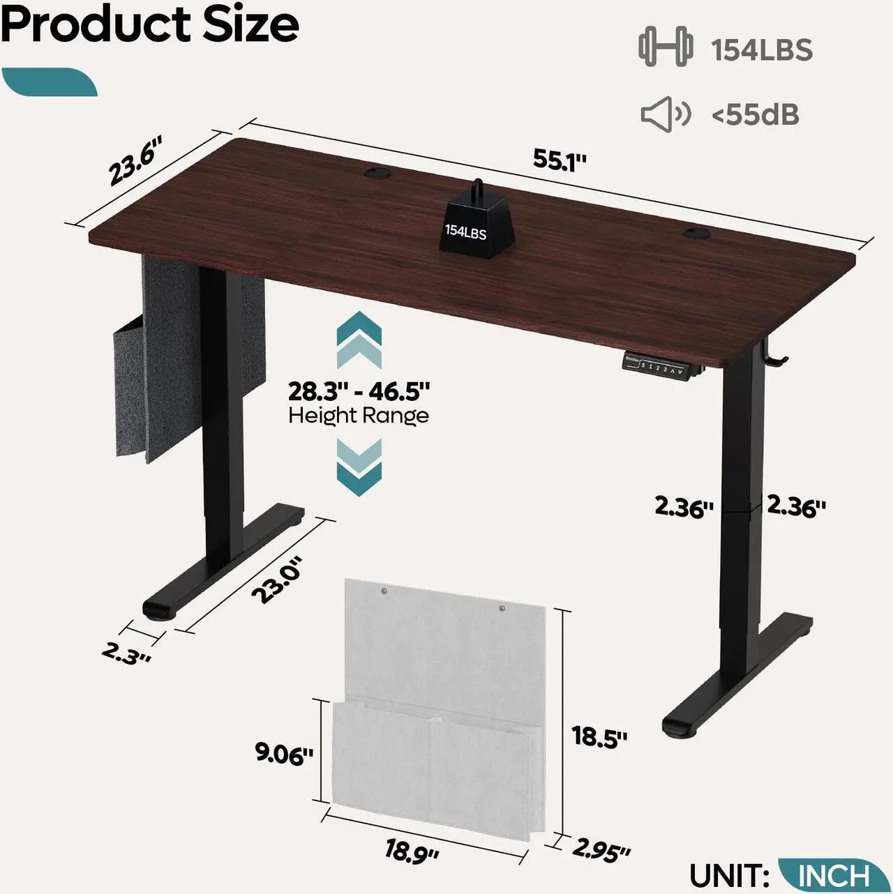 Alt view image 7 of 7 - Bestier 55.1 Inch Electric Standing Desk, Adjustable Height Computer Desk with Side Storage Bag and Headphone Hook for Home Office,Black Walnut