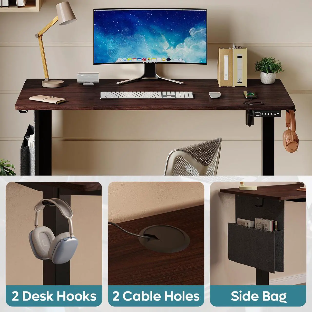 Alt view image 5 of 7 - Bestier 55.1 Inch Electric Standing Desk, Adjustable Height Computer Desk with Side Storage Bag and Headphone Hook for Home Office,Black Walnut