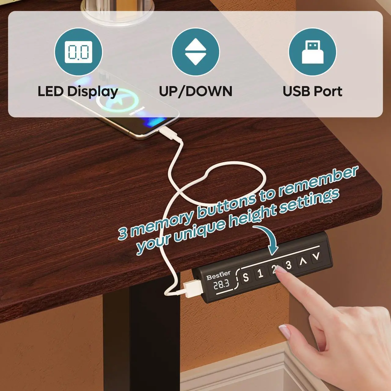 Alt view image 3 of 7 - Bestier 55.1 Inch Electric Standing Desk, Adjustable Height Computer Desk with Side Storage Bag and Headphone Hook for Home Office,Black Walnut