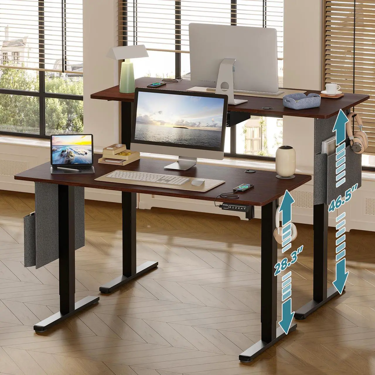 Alt view image 2 of 7 - Bestier 55.1 Inch Electric Standing Desk, Adjustable Height Computer Desk with Side Storage Bag and Headphone Hook for Home Office,Black Walnut