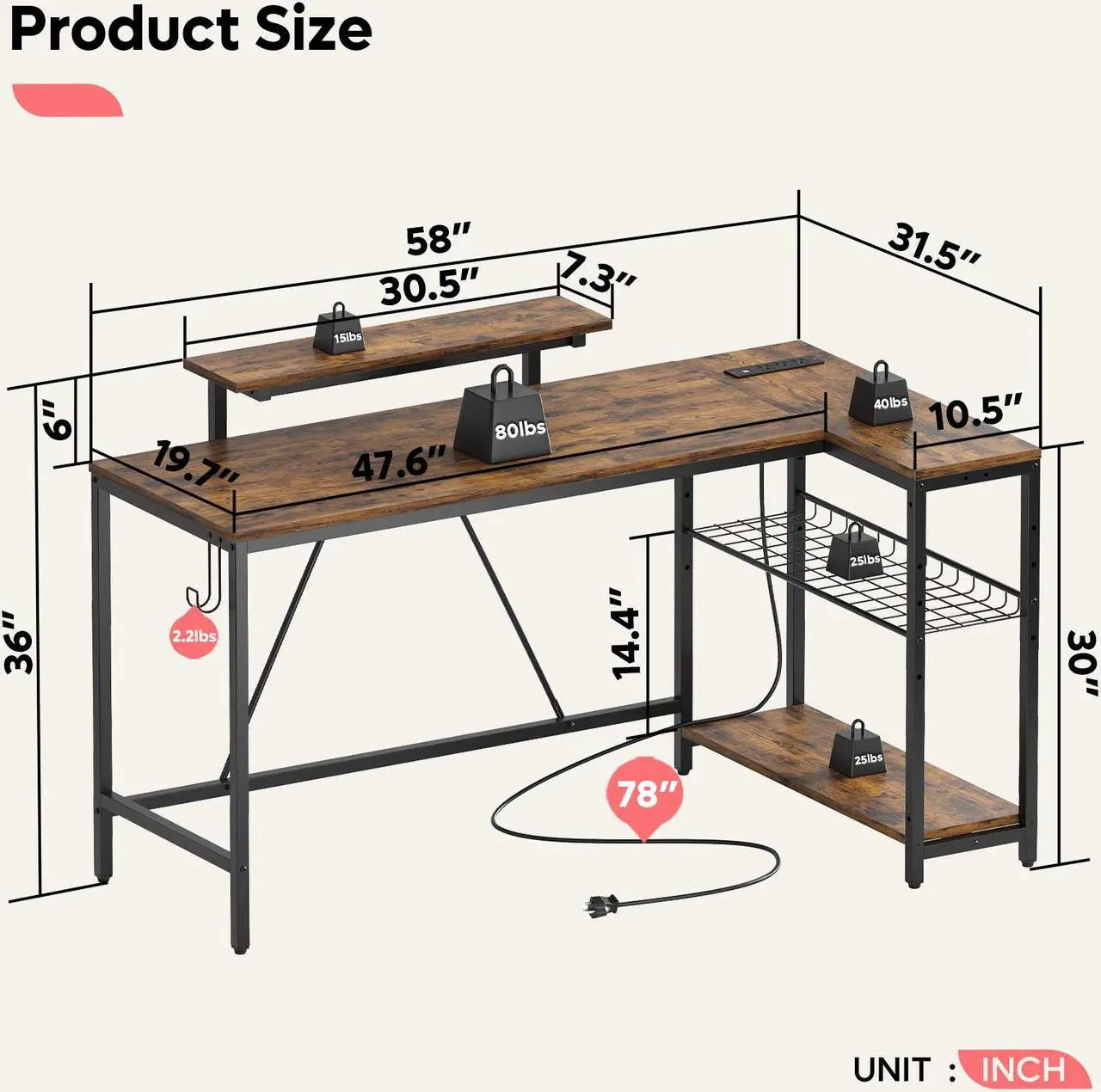 Alt view image 7 of 7 - Bestier 58" Gaming Desk with Power Outlet & USB Ports, Reversible Small L Shaped Computer Desk with LED Strip & Headset Hooks for Home Office, Rustic Brown