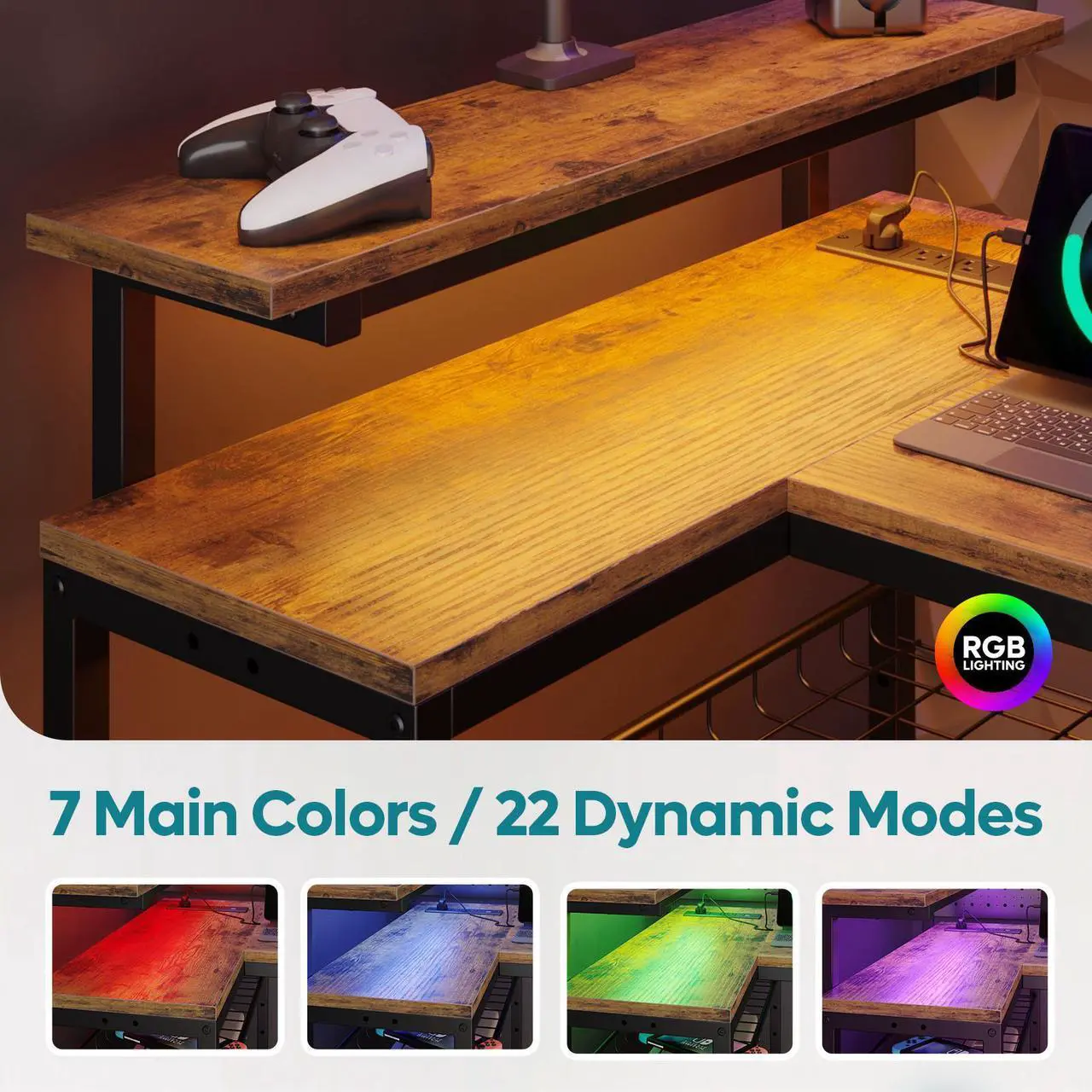 Alt view image 2 of 7 - Bestier 58" Gaming Desk with Power Outlet & USB Ports, Reversible Small L Shaped Computer Desk with LED Strip & Headset Hooks for Home Office, Rustic Brown