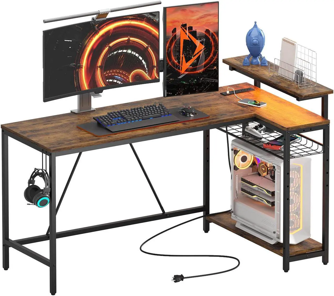 Main image of Bestier 58" Gaming Desk with Power Outlet & USB Ports, Reversible Small L Shaped Computer Desk with LED Strip & Headset Hooks for Home Office, Rustic Brown